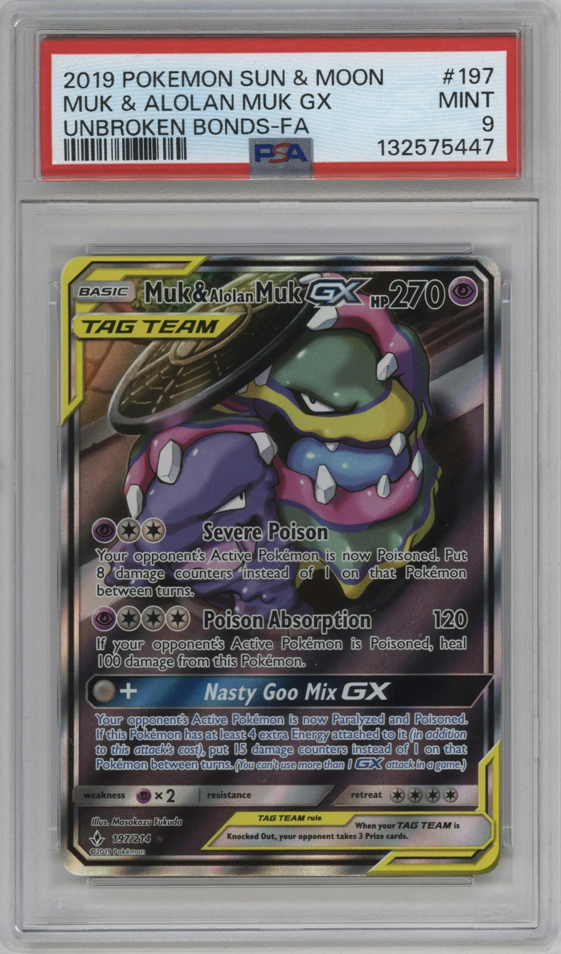 2019 Pokemon S&M Unbroken Bonds Muk & Alolan Muk GX #197 PSA 9