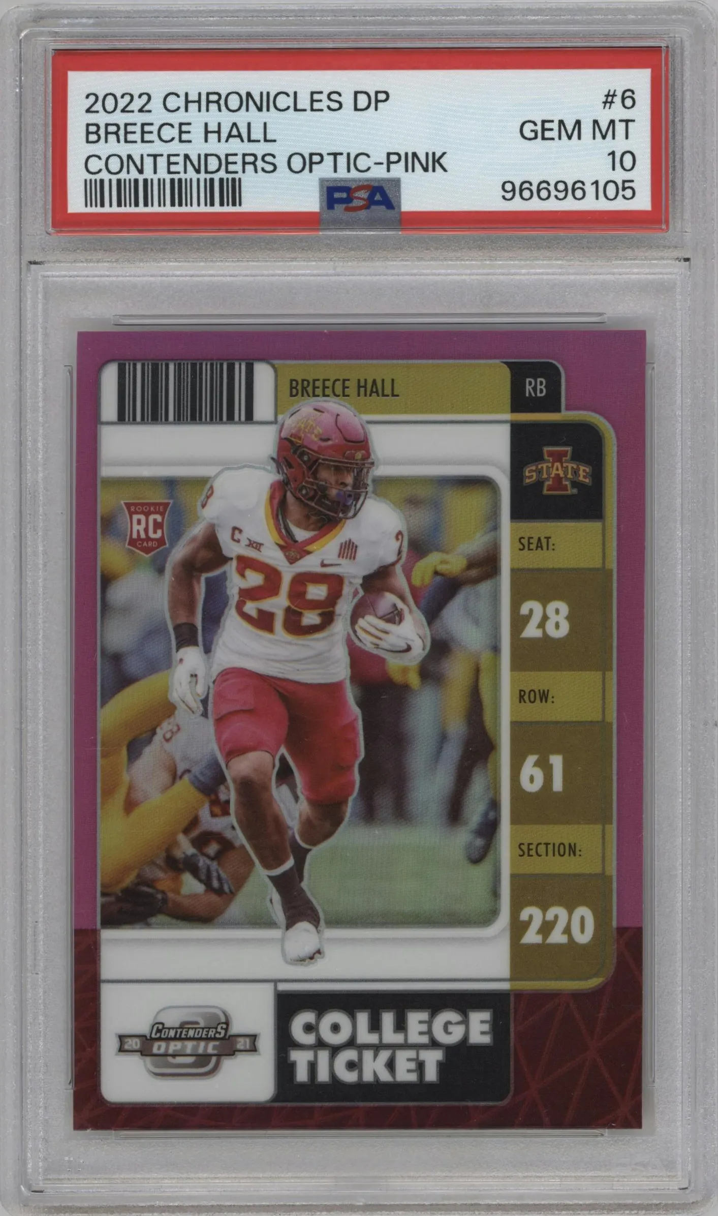 2022 Panini Chronicles Draft Picks Contenders Optic Breece Hall Pink #6 PSA 10