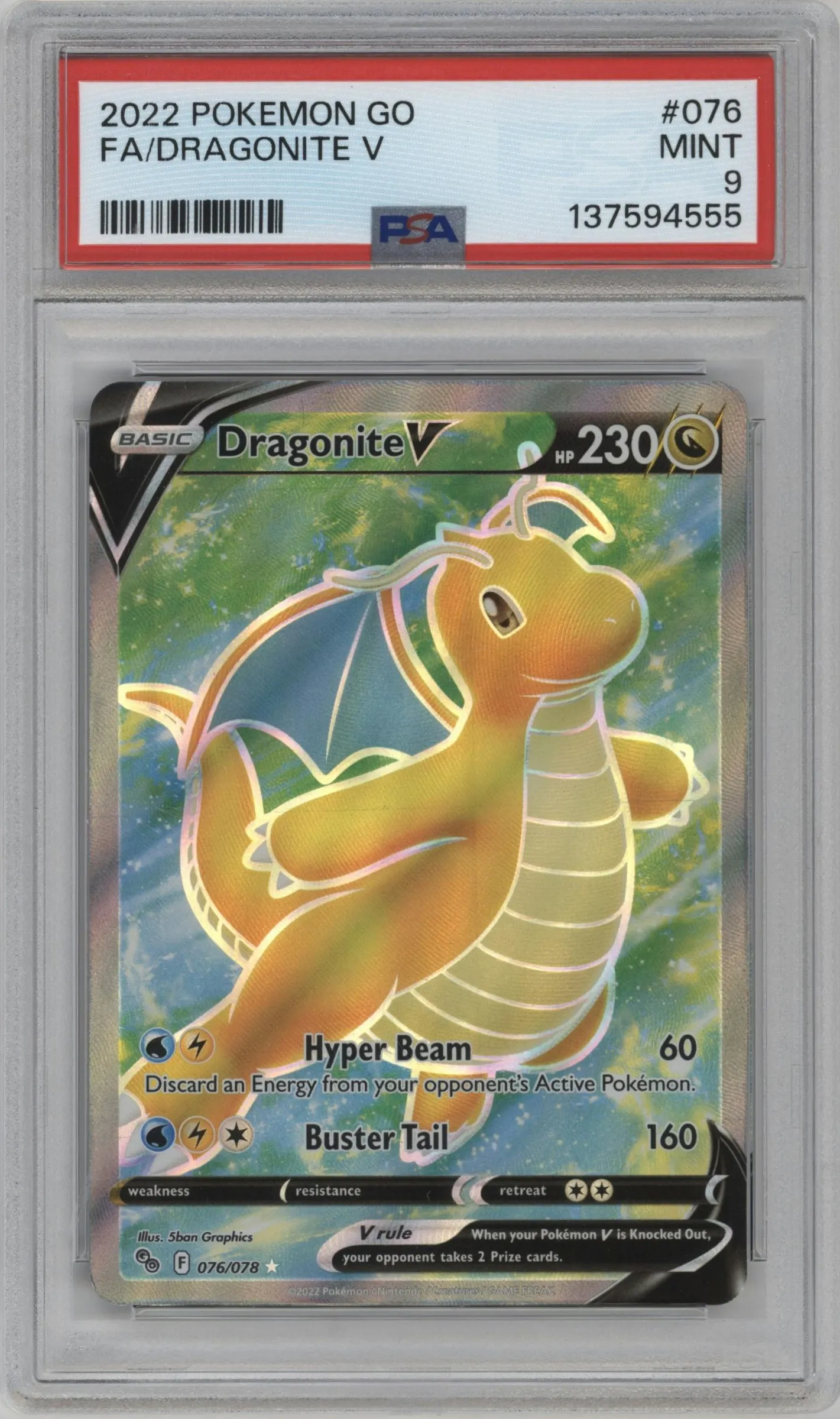 2022 Pokemon SWSH Pokemon GO Dragonite V #076 PSA 9