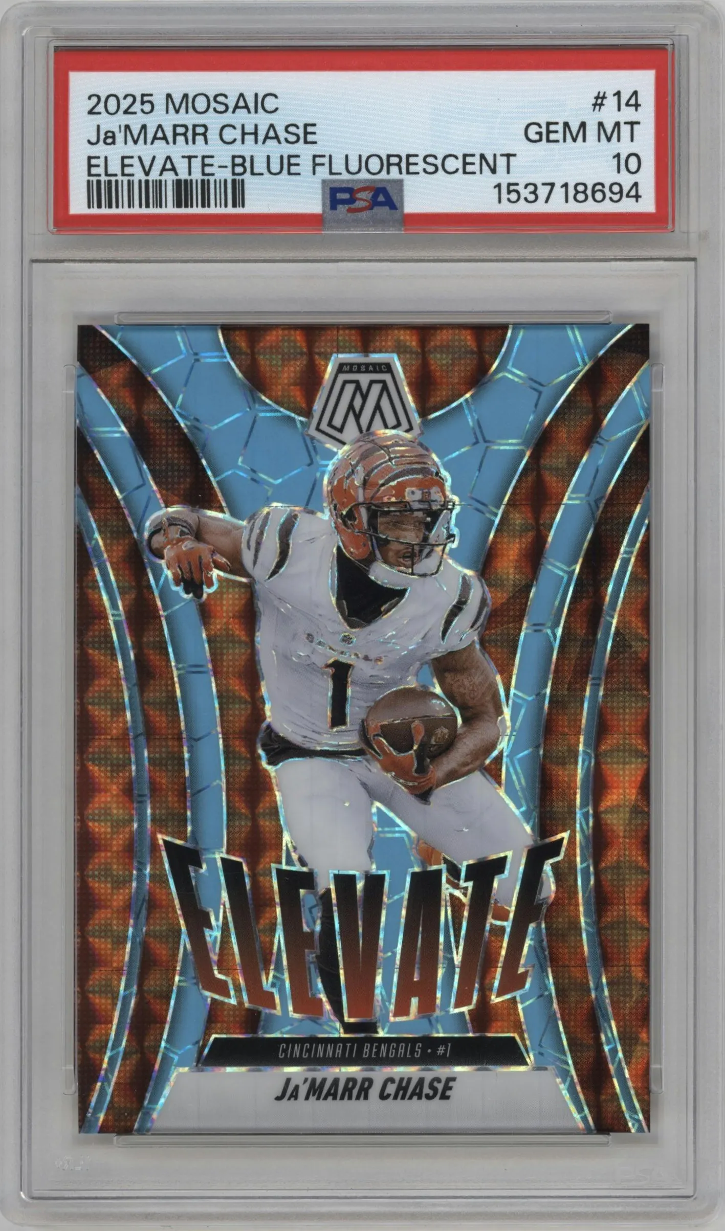 2025 Panini Mosaic Elevate Ja’Marr Chase Blue Fluorescent #14 PSA 10