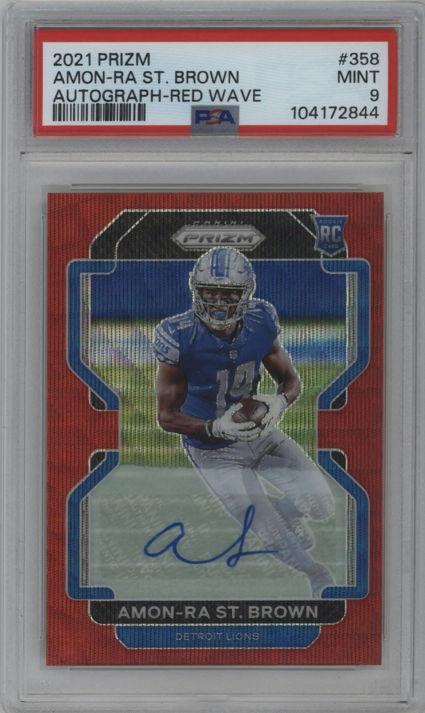 2021 Panini Prizm Rke.Auto Amon-Ra St. Brown Red Wave #358 PSA 9