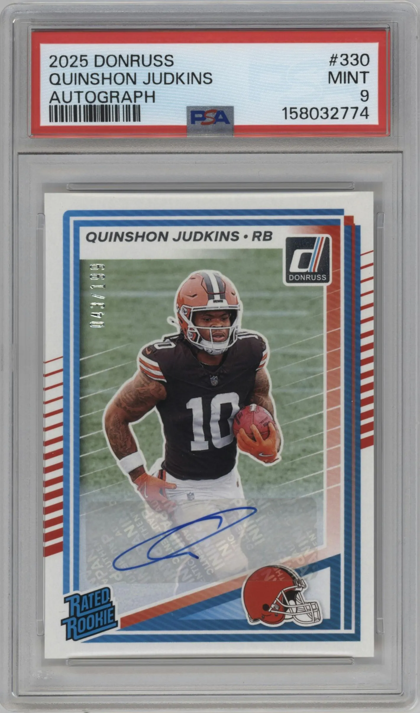 2025 Panini Donruss Rtd.Rke.Auto Quinshon Judkins #330 PSA 9