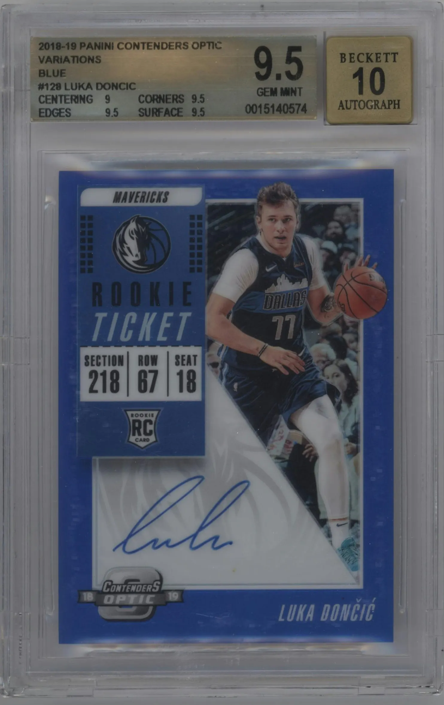 2018 Panini Contenders Optic Rke.Tkt.Auto Var. Luka Doncic Blue #128 BGS 9.5