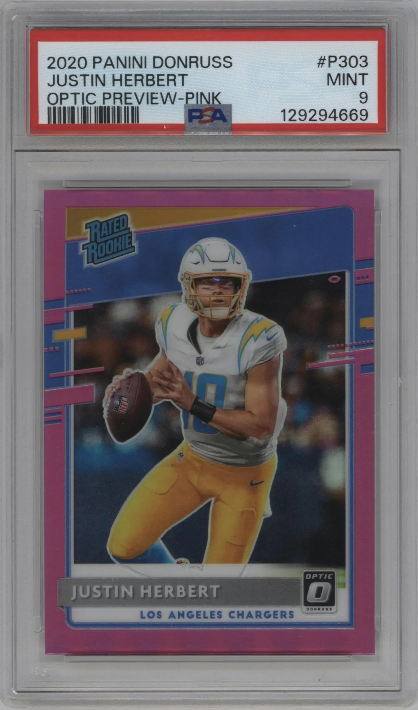 2020 Panini Donruss Opt.Rtd.Rke.Prev. Justin Herbert Pink #P-303 PSA 9