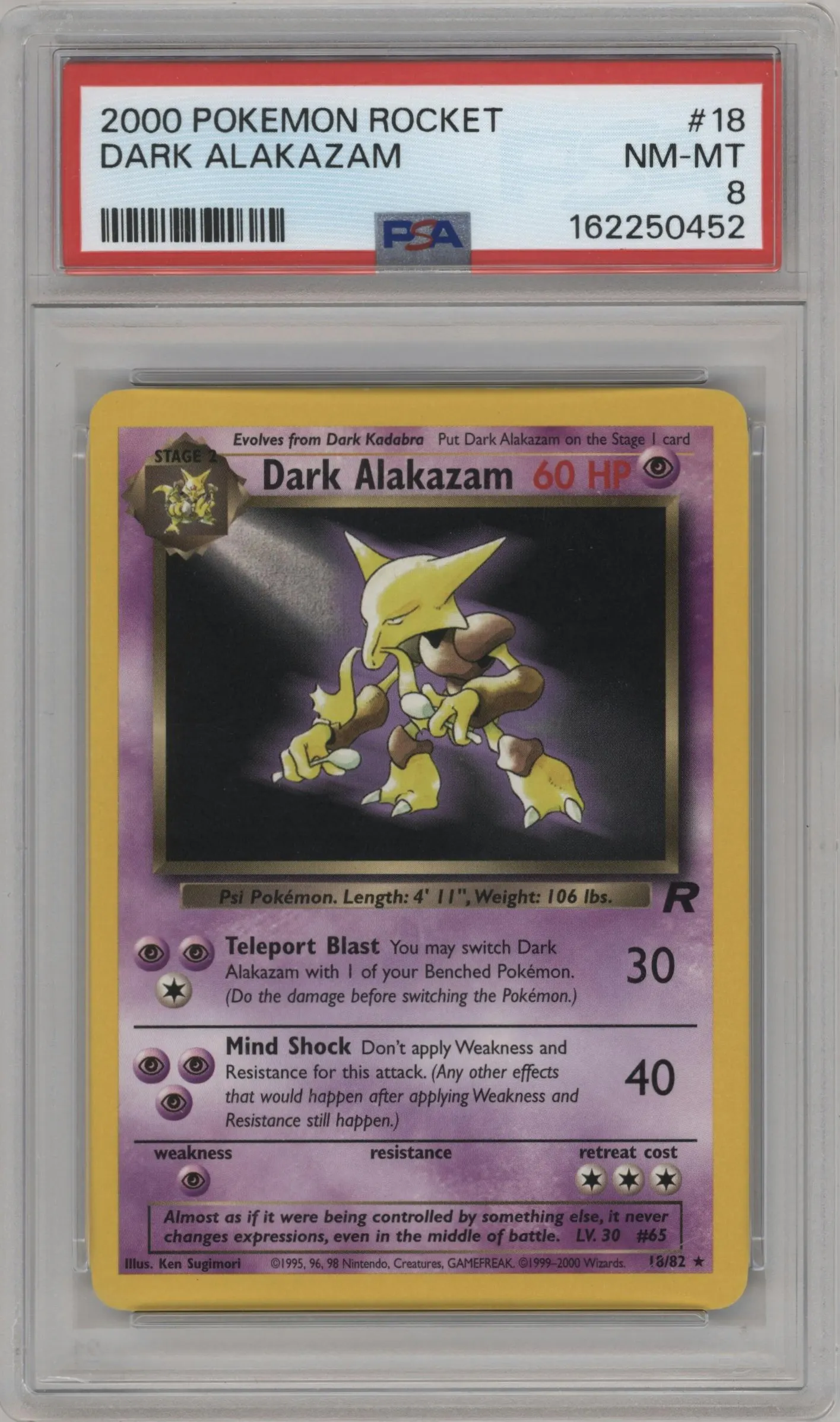 2000 Pokemon Team Rocket Dark Alakazam #18 PSA 8