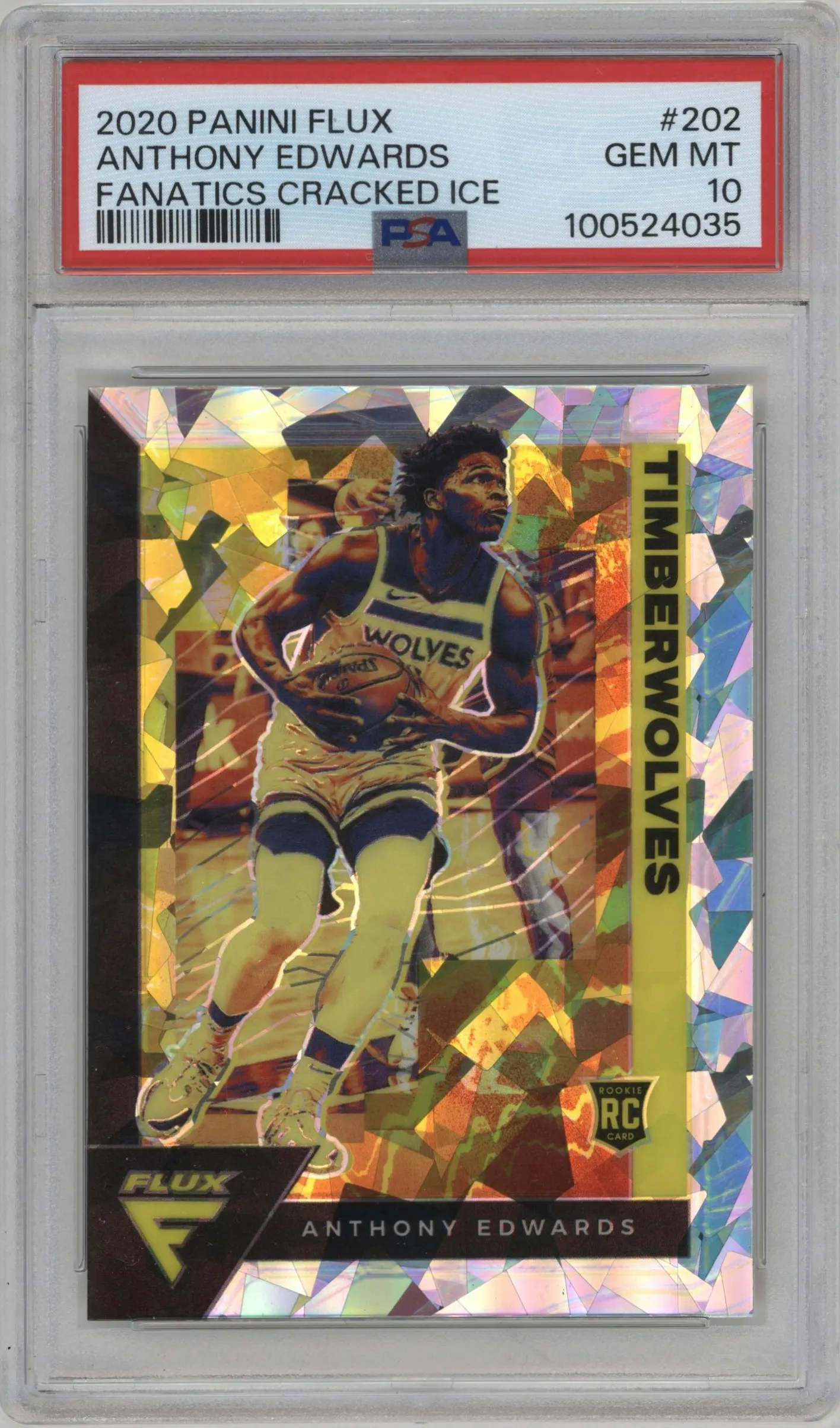 2020 Panini Flux Anthony Edwards Fanatics Cracked Ice #202 PSA 10