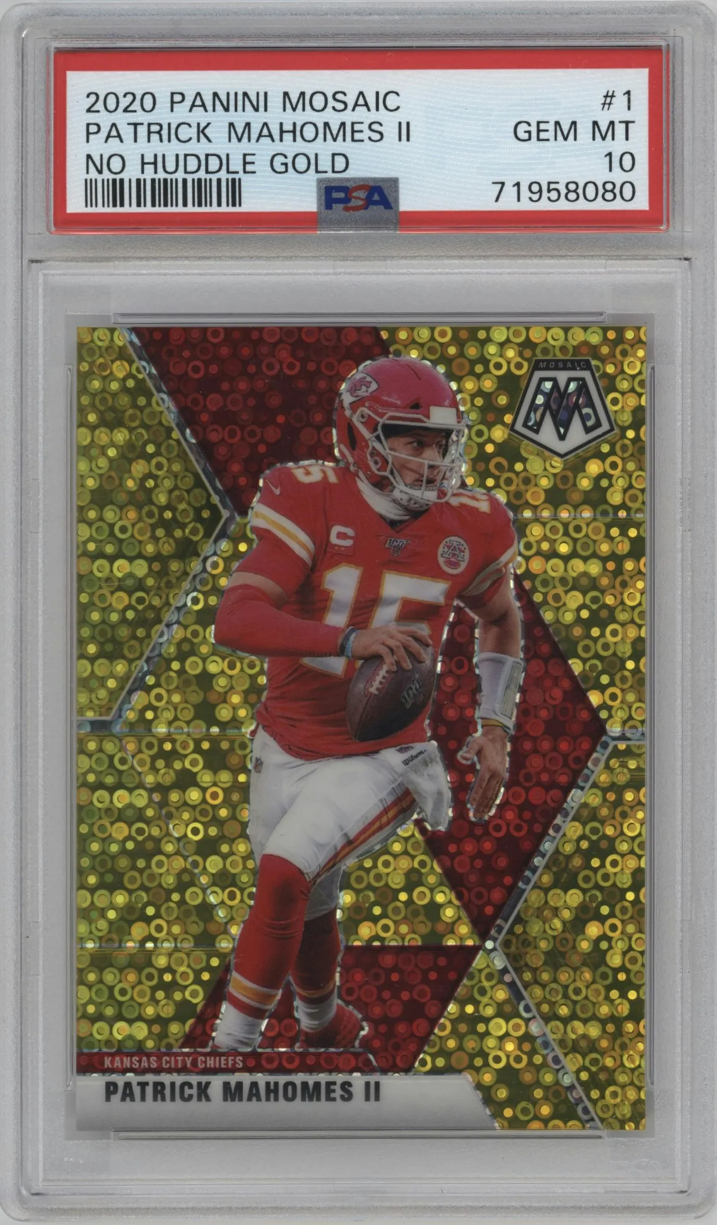 2020 Panini Mosaic Patrick Mahomes II No Huddle Gold #1 PSA 10