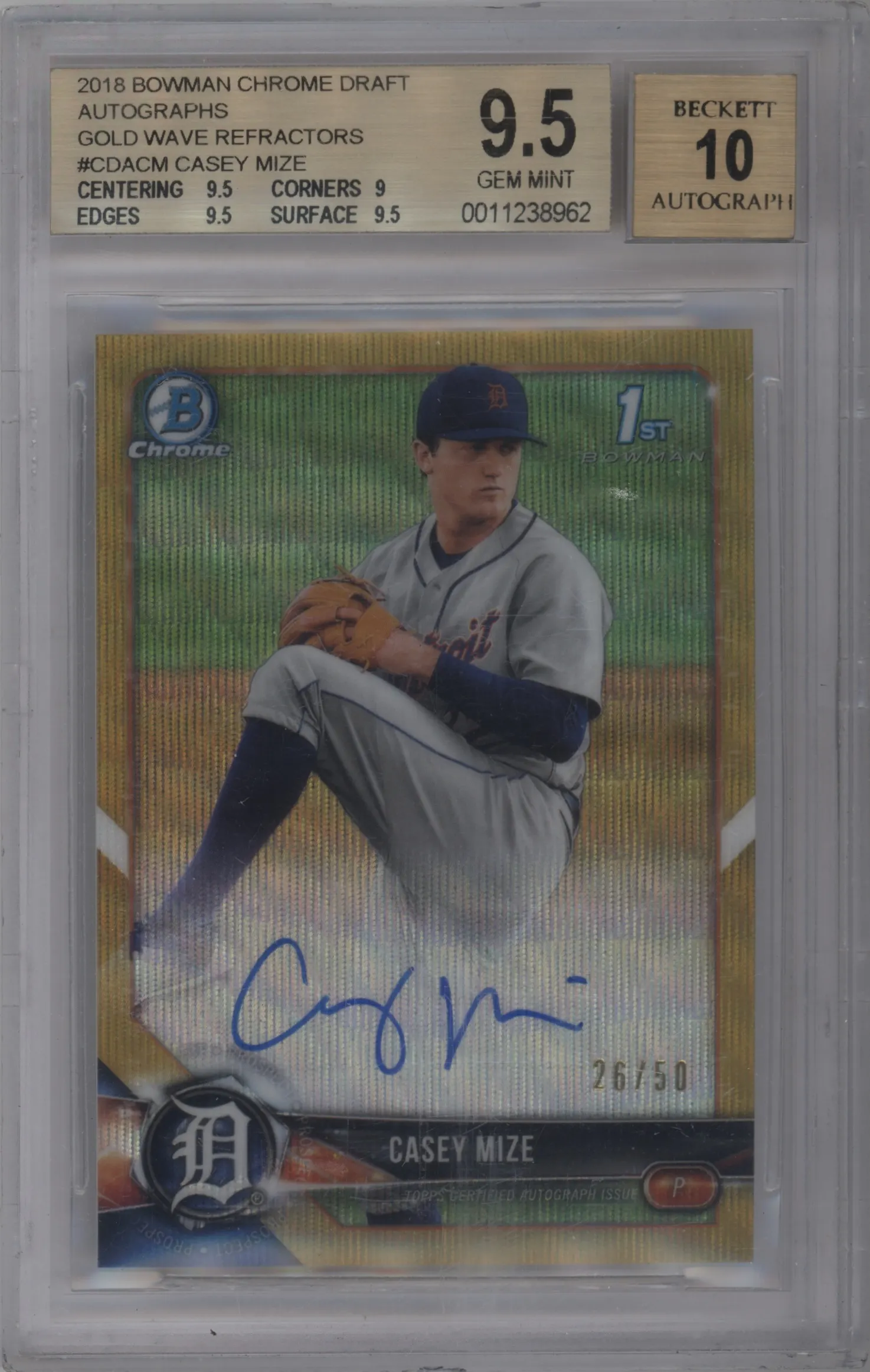 2018 Bowman Draft Chr.DP Auto Casey Mize Gold Wave Refractor #CDA-CM BGS 9.5