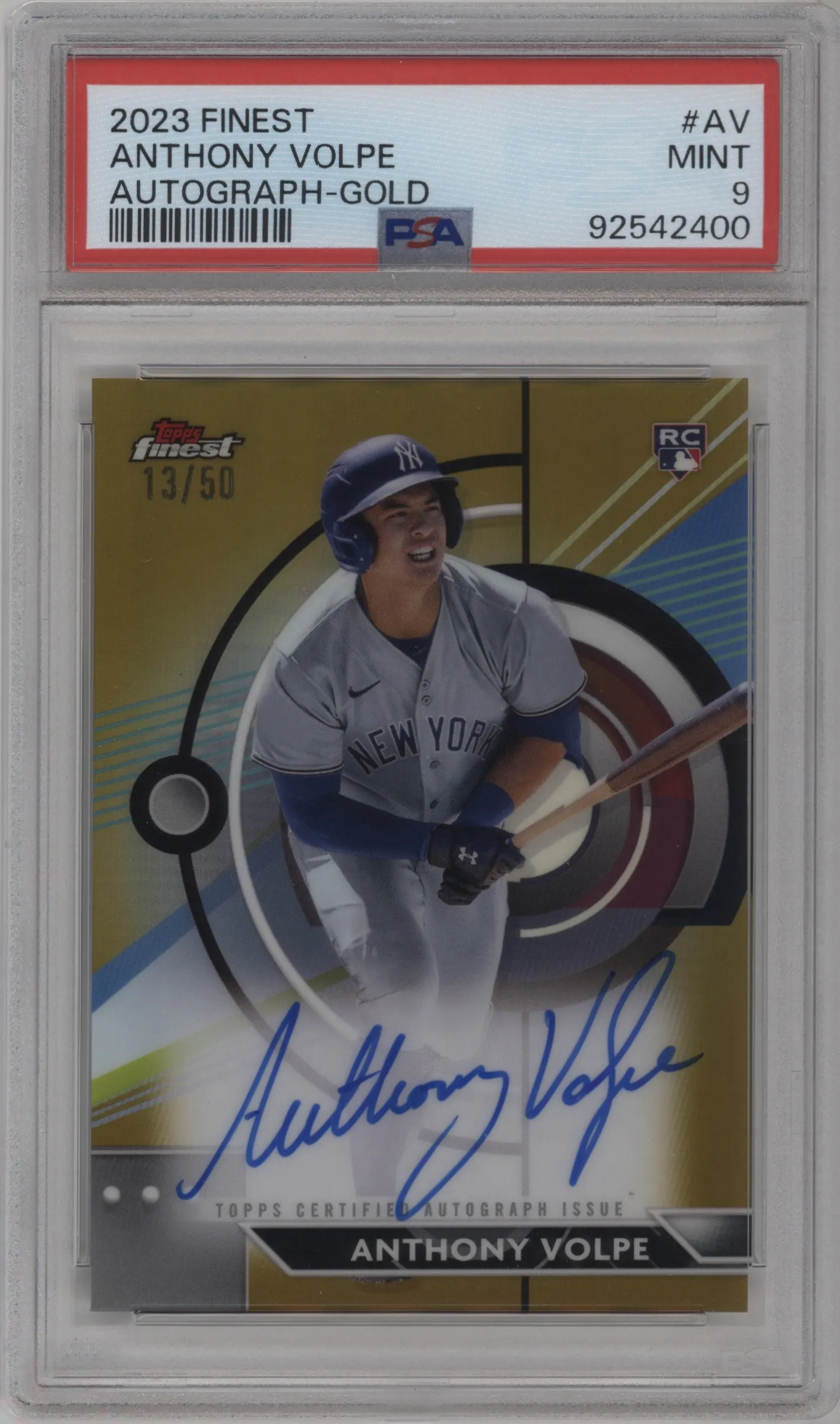 2023 Topps Finest Auto Anthony Volpe Gold Refractor #FA-AV PSA 9