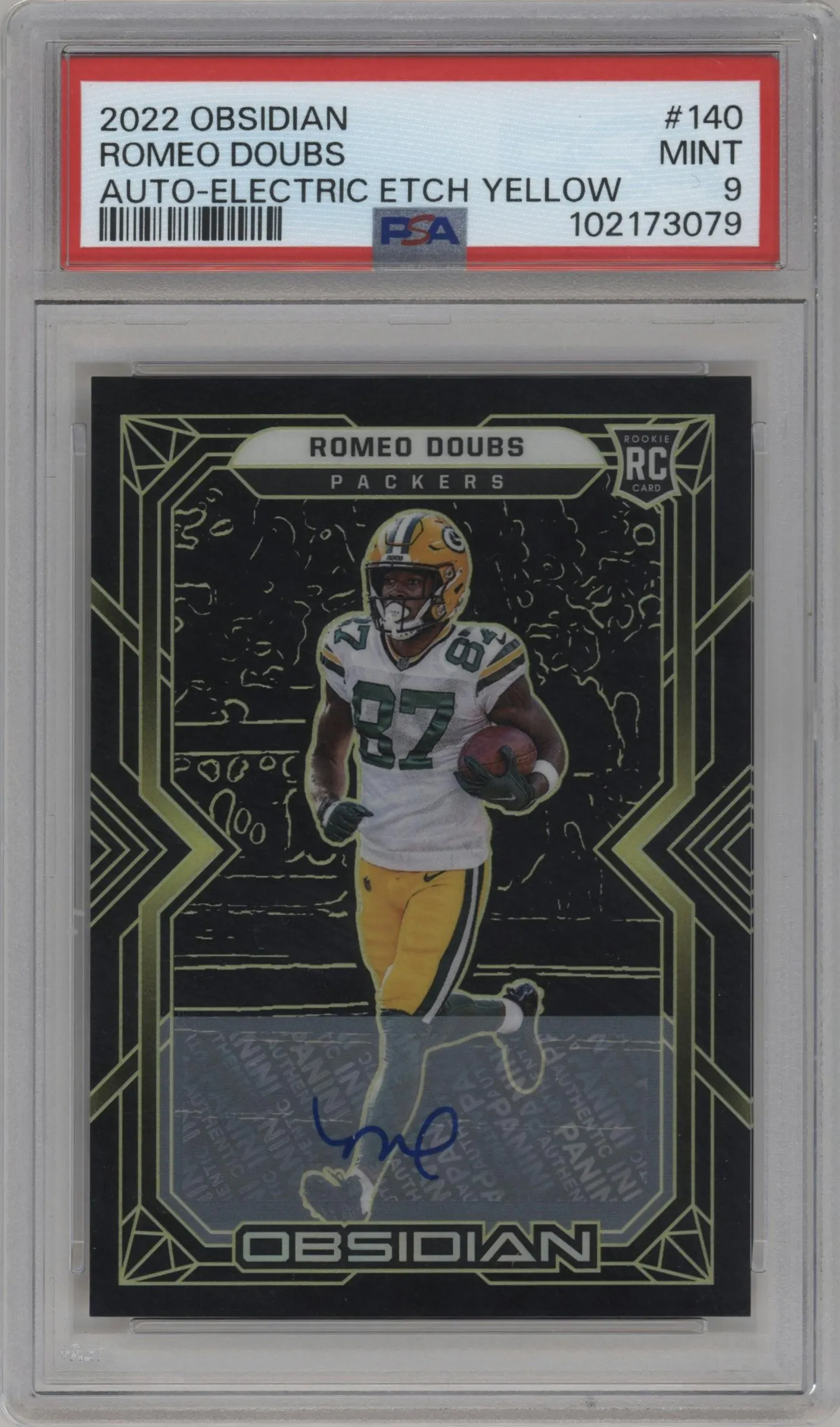 2022 Panini Obsidian Rke.Auto Romeo Doubs Electric Etch Yellow #140 PSA 9