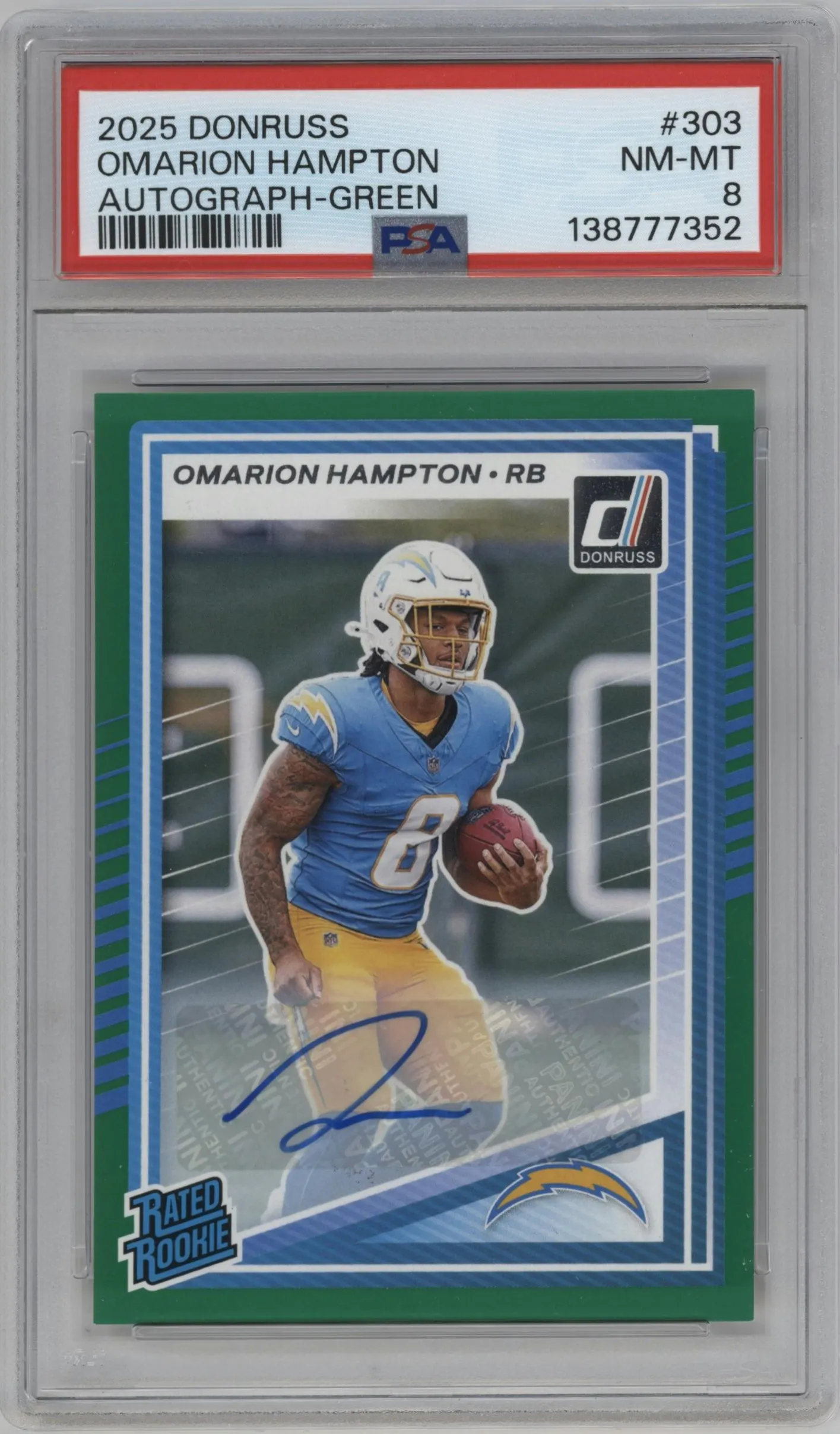2025 Panini Donruss Rtd.Rke.Auto Omarion Hampton Green #303 PSA 8