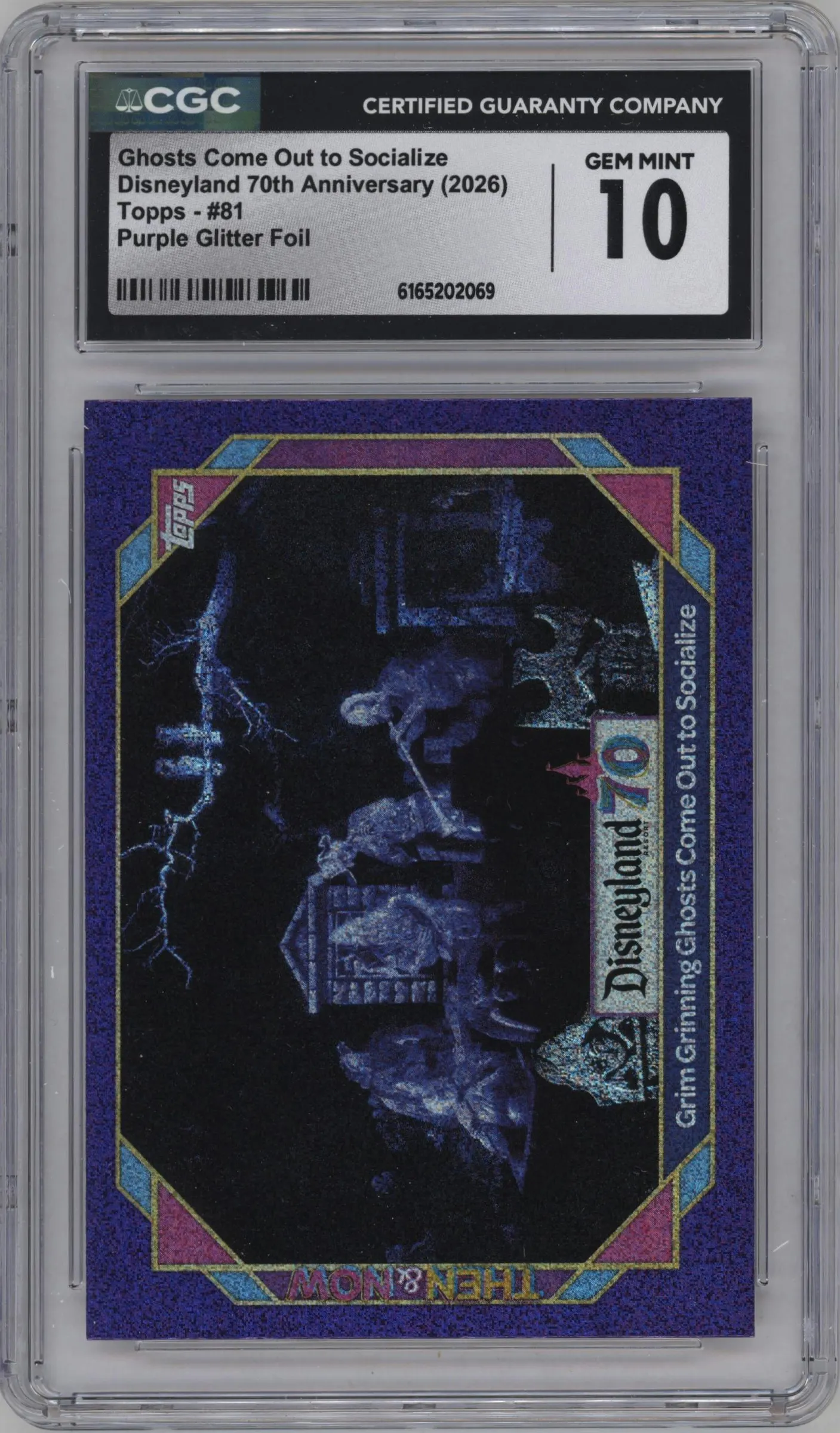 2025 Topps Disneyland 70th Anniversary Grim Grinning Ghosts Come Out to Socialize Purple Glitter Foil #81 CGC 10
