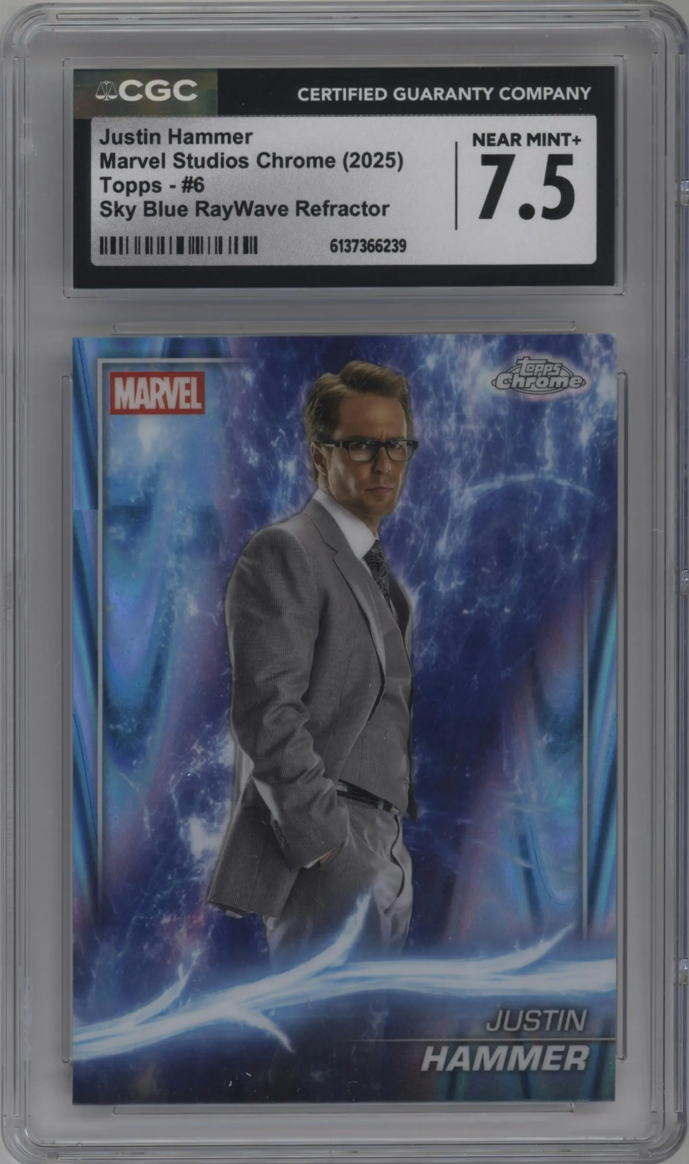 2025 Topps Chrome Marvel Studios Justin Hammer Sky Blue RayWave Refractor #6 CGC 7.5