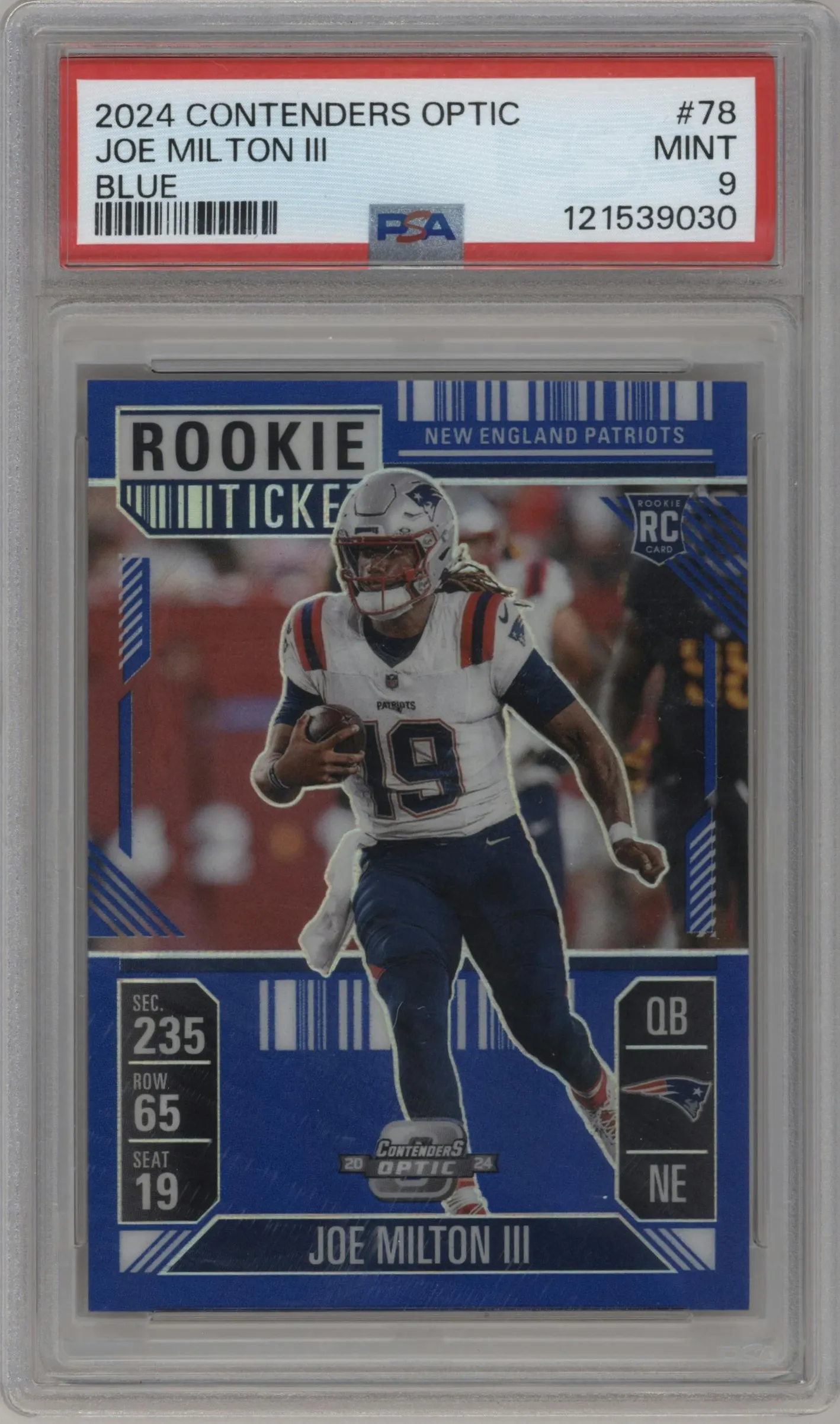 2024 Panini Contenders Optic Rke.Tkt Joe Milton III Blue #78 PSA 9