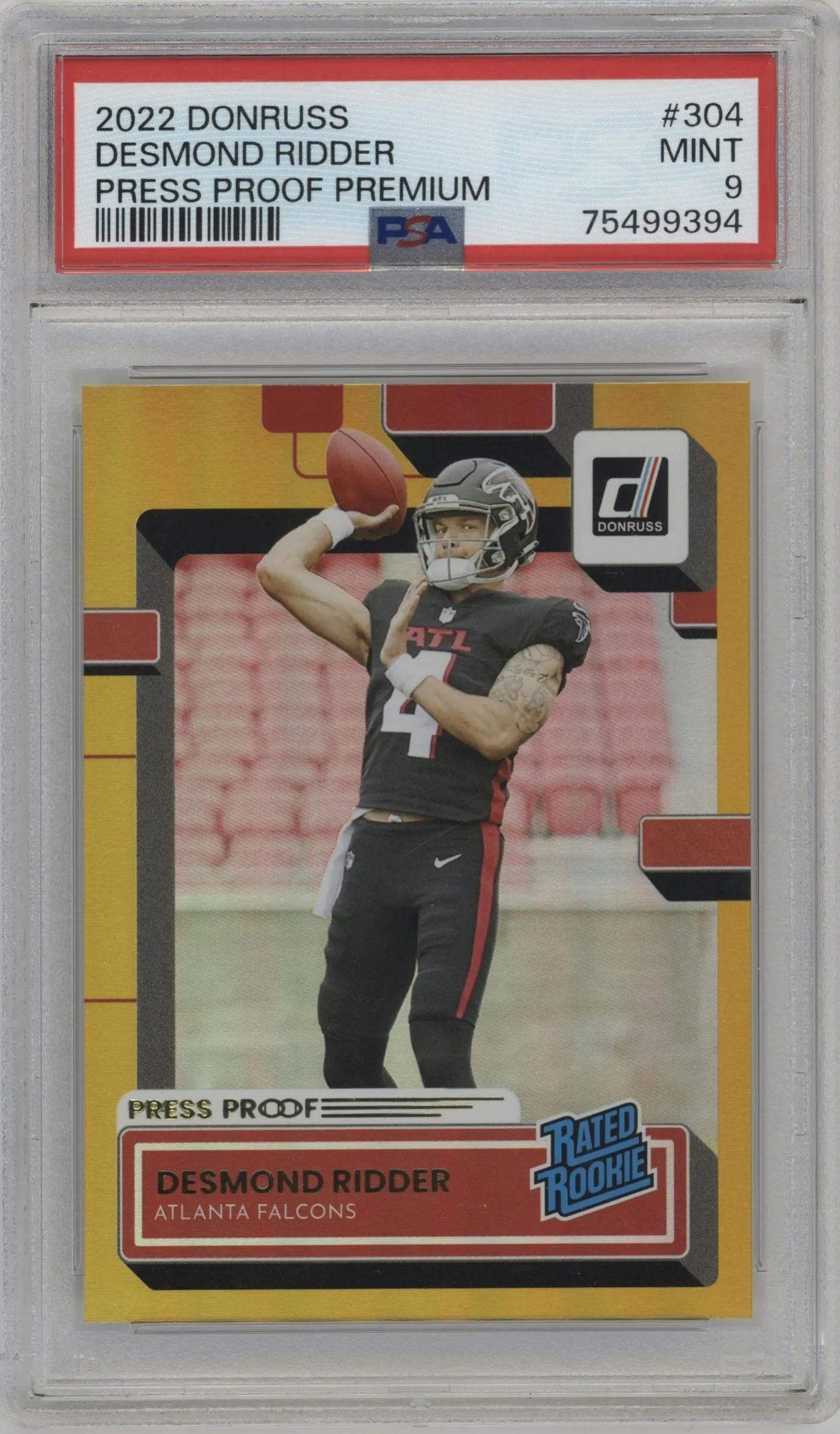 2022 Panini Donruss Rated Rookie Desmond Ridder Press Proof Premium #304 PSA 9