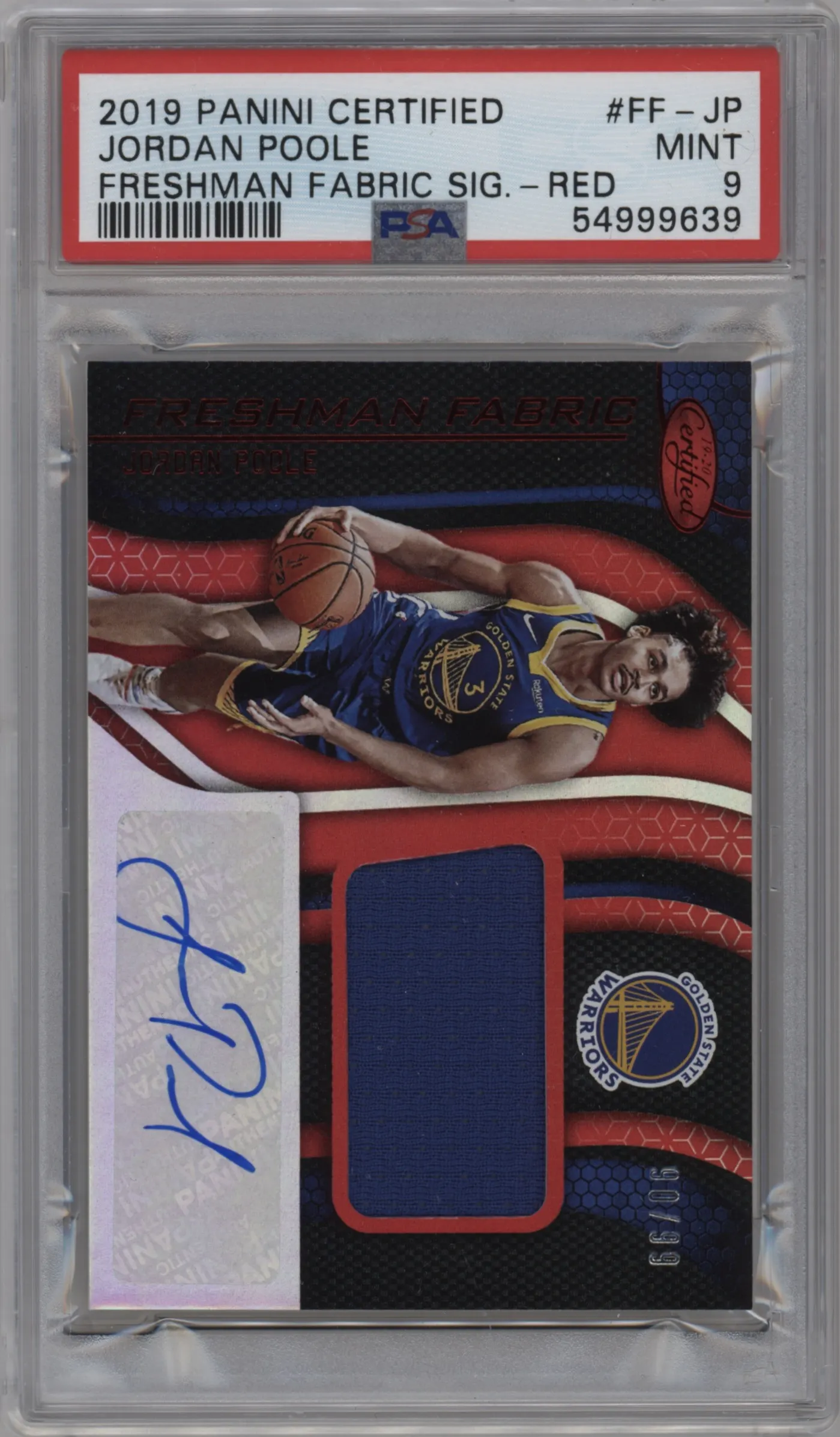 2019 Panini Certified Freshman Fabric Sig. Jordan Poole Red #FF-JP PSA 9