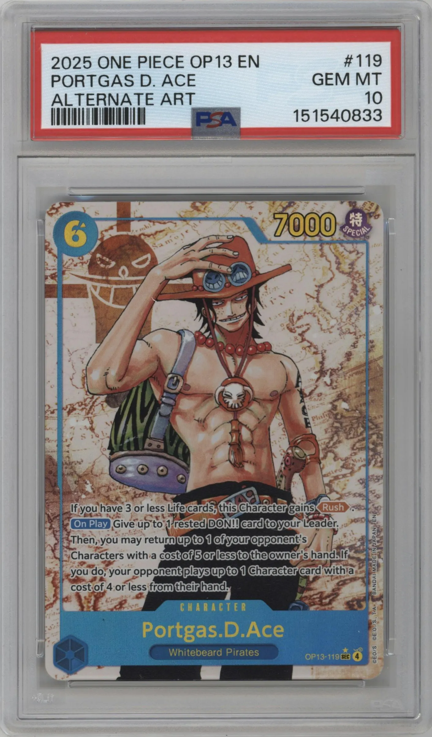 2025 One Piece Carrying On His Will Portgas.D.Ace Alternate Art SEC #OP13-119 SEC PSA 10