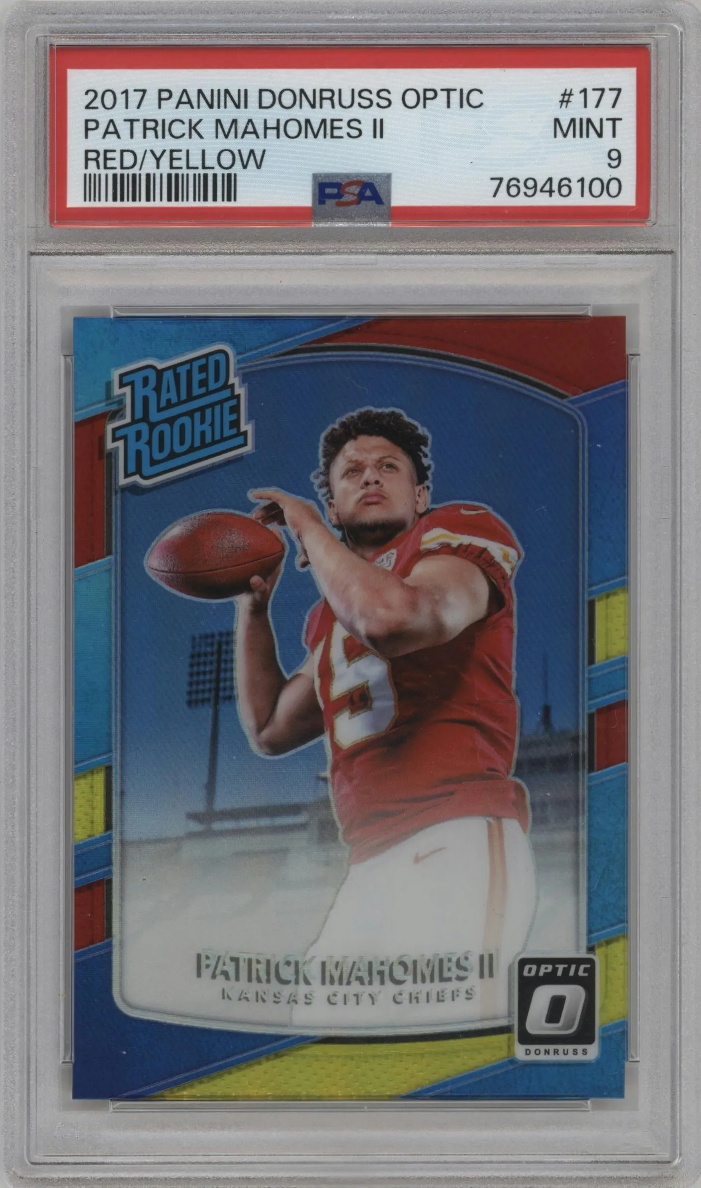 2017 Panini Donruss Optic Rated Rookie Patrick Mahomes II Red/Yellow #177 PSA 9