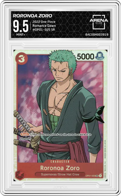 2022 One Piece Romance Dawn Roronoa Zoro SR #OP01-025 SR ARENA CLUB 9.5