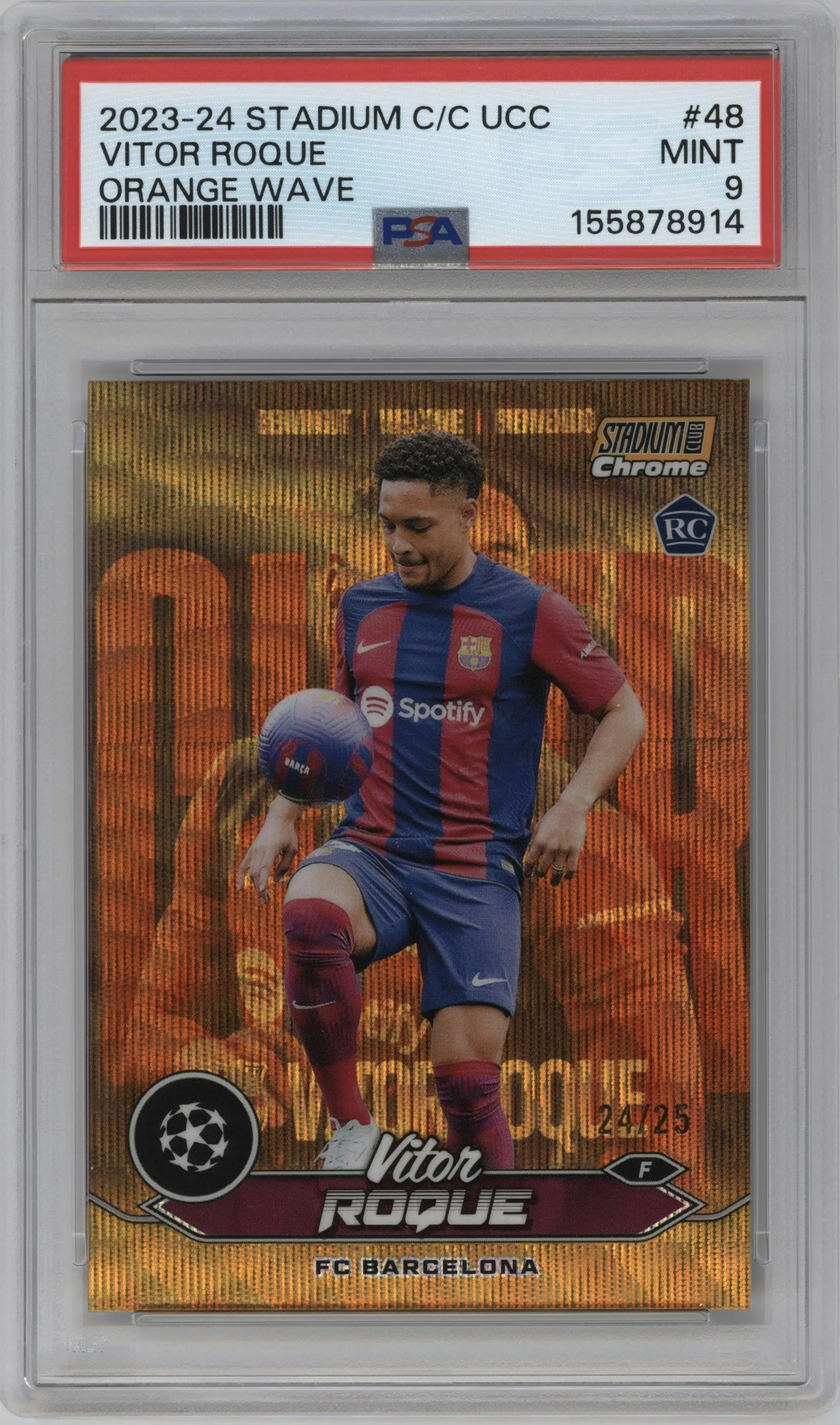 2023 Stadium Club Chrome UEFA Champions League Vitor Roque Orange Wave Refractor #48 PSA 9