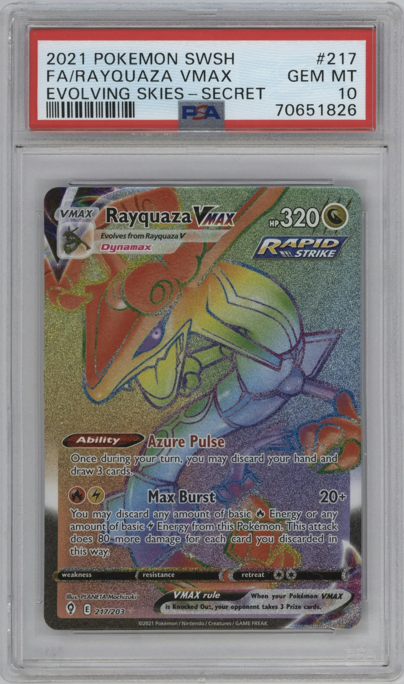2021 Pokemon SWSH Evolving Skies Rayquaza VMAX #217 PSA 10