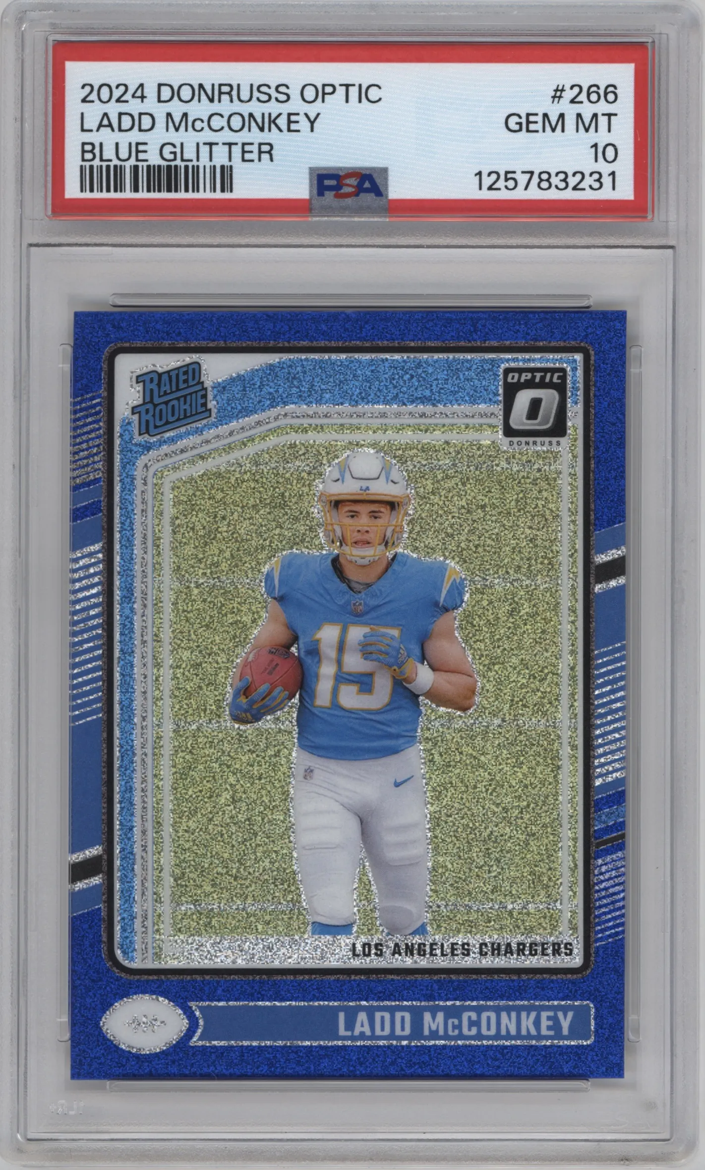 2024 Donruss Optic Rated Rookie Ladd McConkey Blue Glitter #266 PSA 10