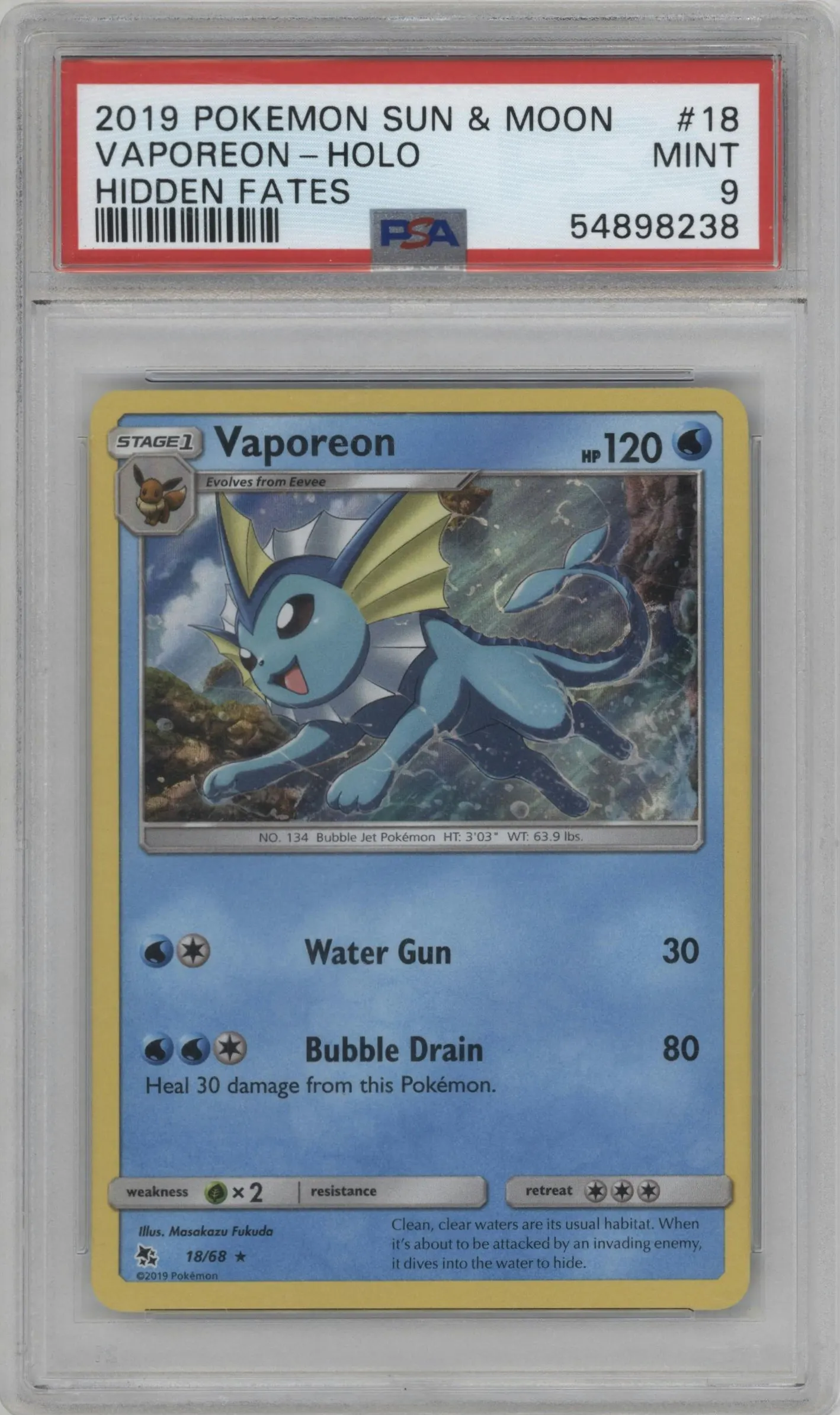 2019 Pokemon S&M Hidden Fates Vaporeon #18 PSA 9