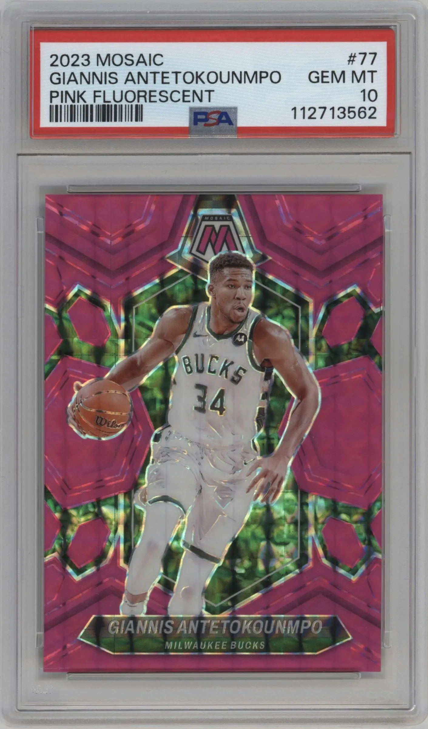 2023 Panini Mosaic Giannis Antetokounmpo Pink Fluorescent #77 PSA 10