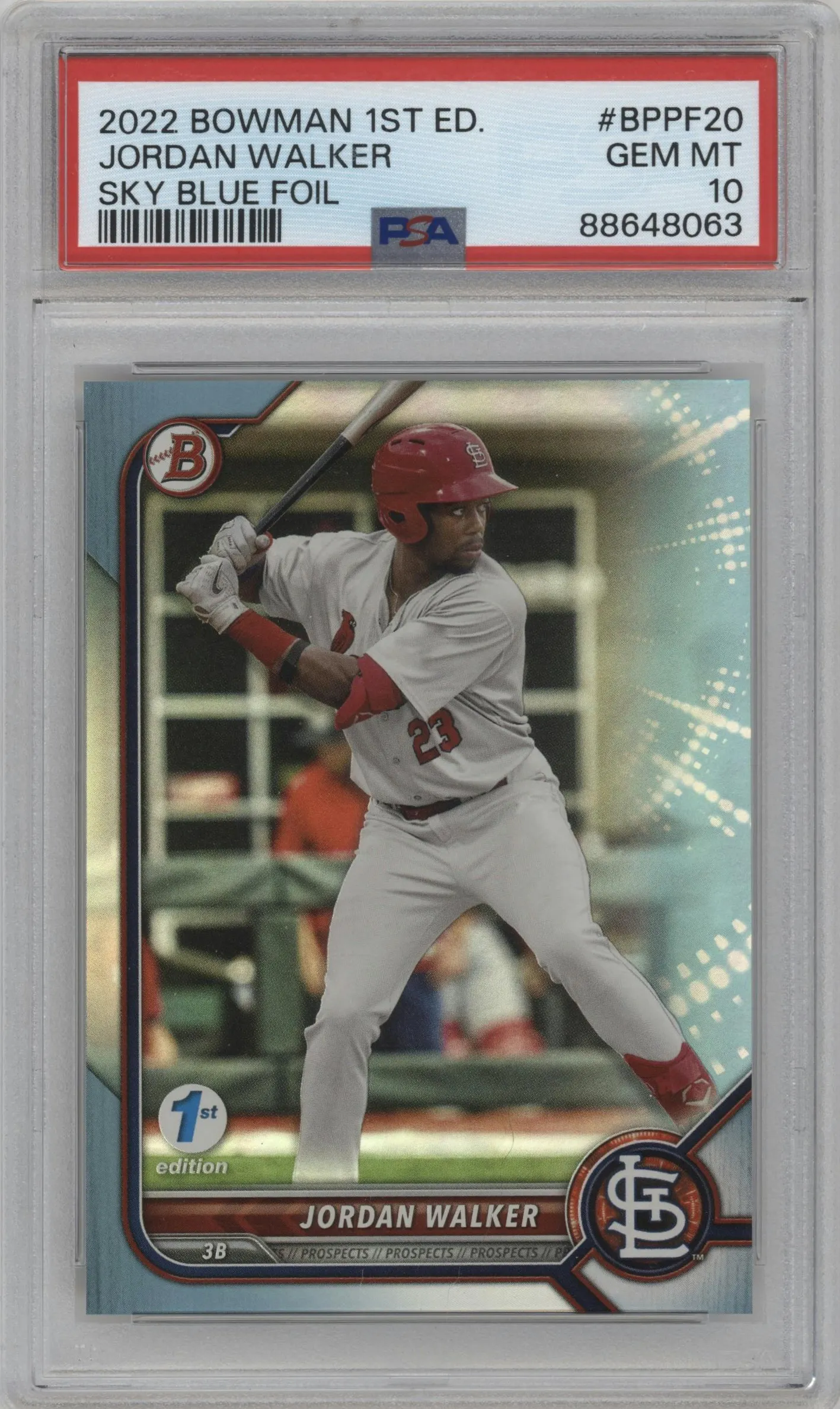 2022 Bowman 1st Edition Prospect Jordan Walker Sky Blue Foil #BPPF-20 PSA 10