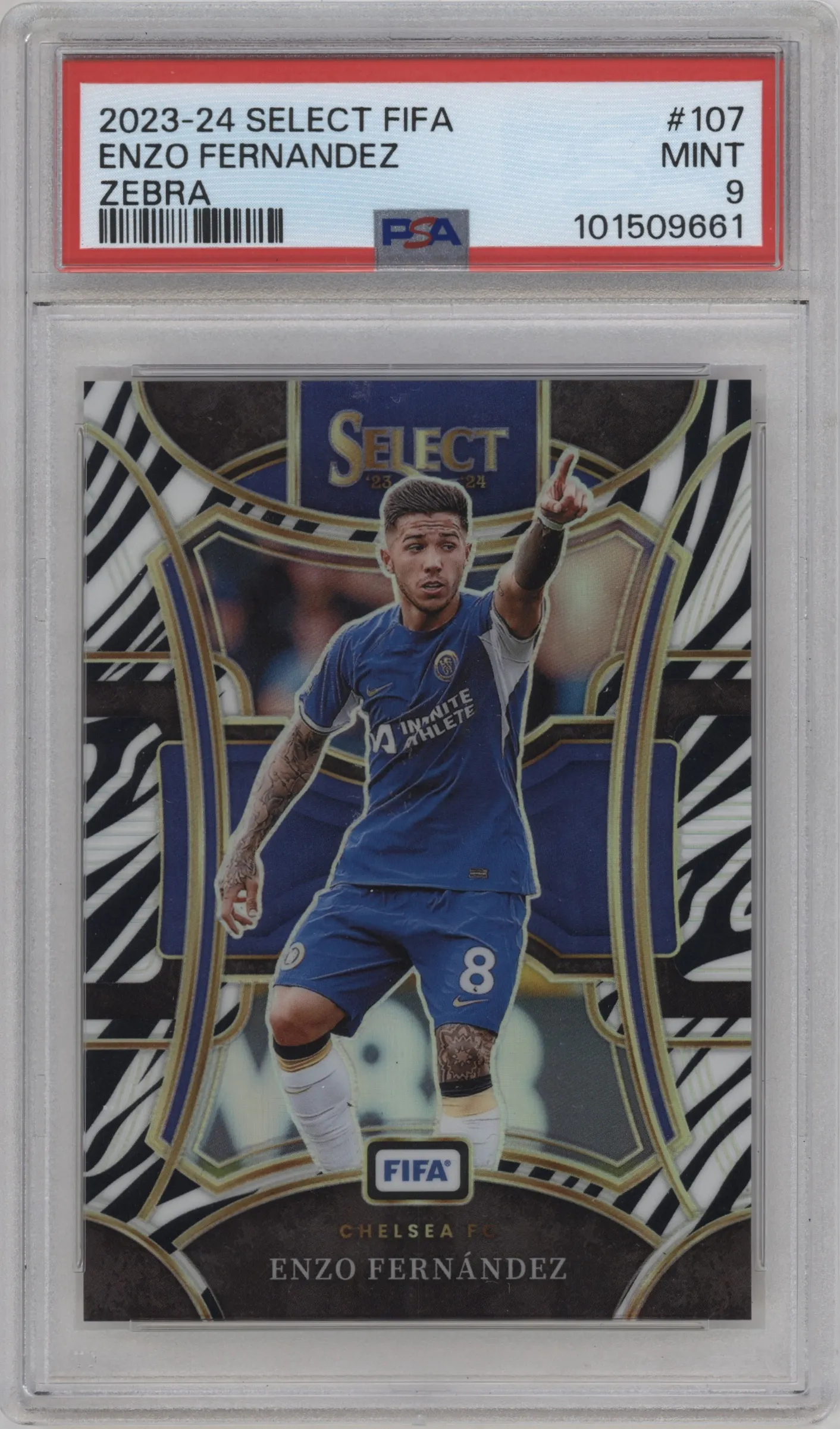 2023 Panini Select FIFA Mezzanine Enzo Fernandez Zebra #107 PSA 9