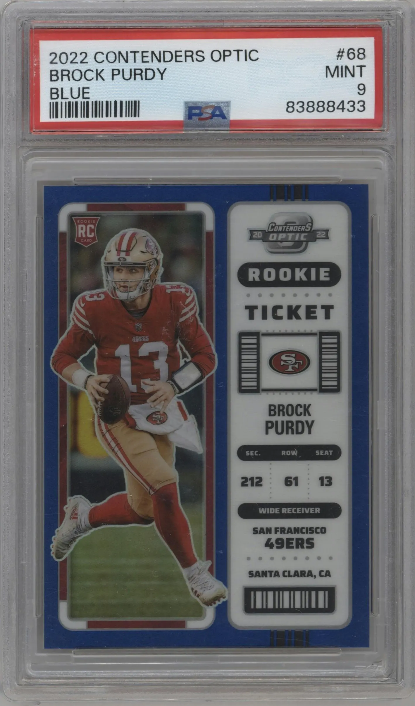 2022 Panini Contenders Optic Rke.Tkt. Brock Purdy Blue #68 PSA 9