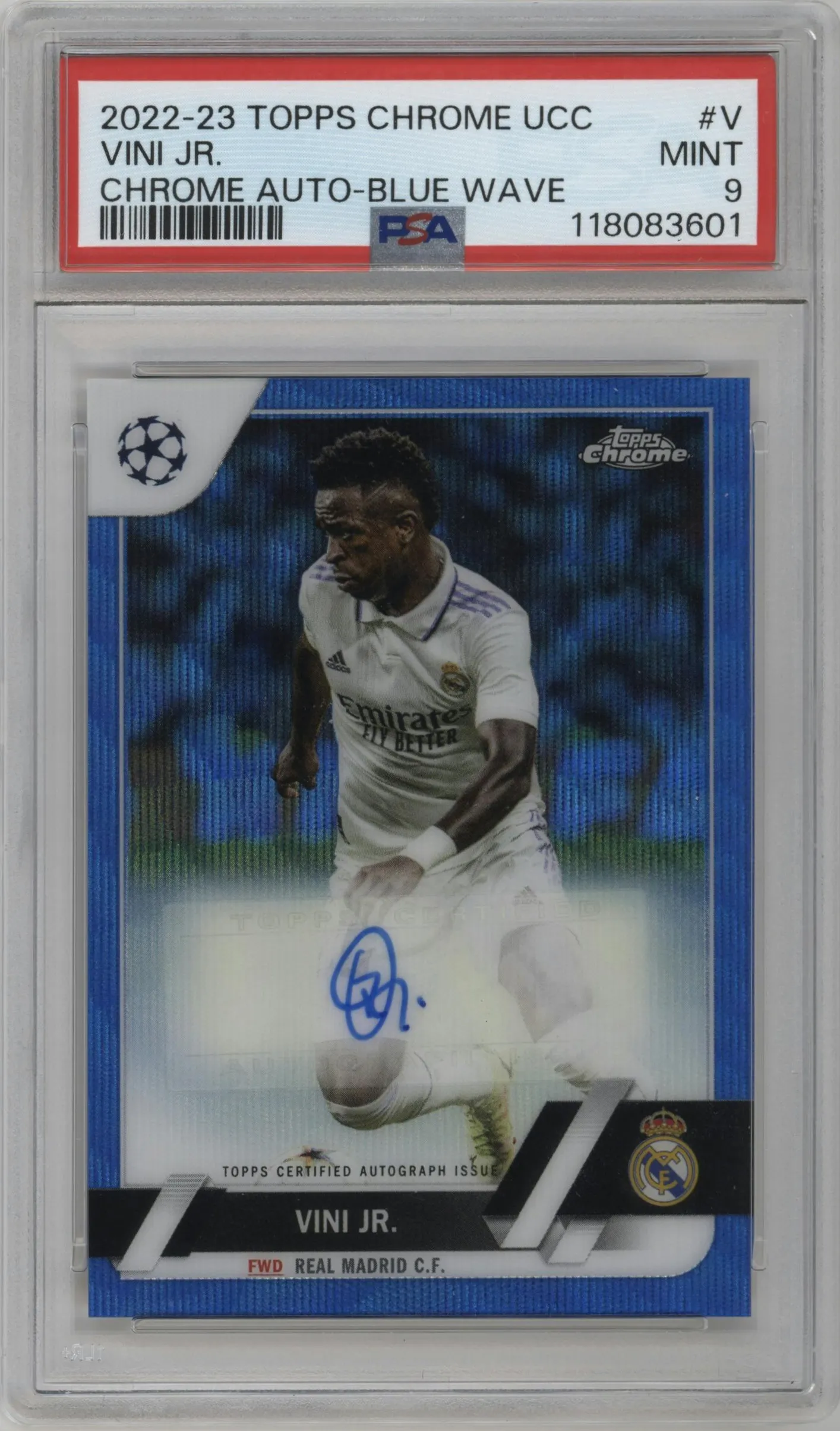 2022 Topps Chrome UEFA Club Competitions Auto Vini Jr. Blue Wave #CA-V PSA 9