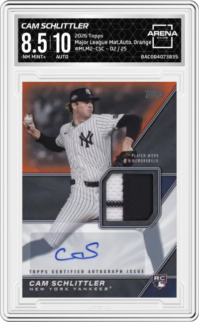 2026 Topps Major League Mat.Auto. Cam Schlittler Orange #MLM2-CSC ARENA CLUB 8.5