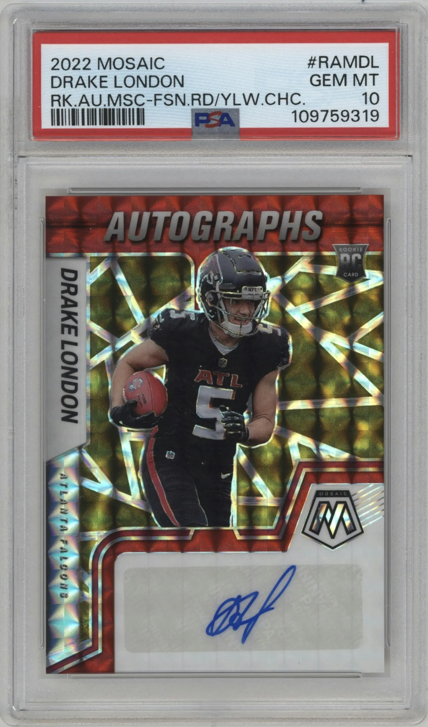 2022 Panini Mosaic Rke.Auto Drake London Choice Fusion Red and Yellow #RAM-DL PSA 10