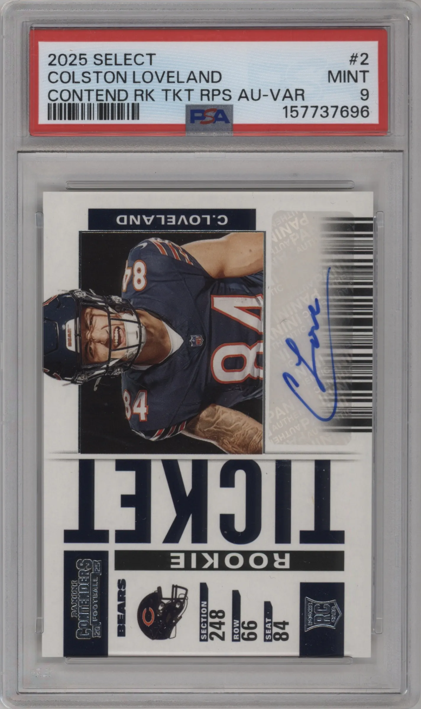 2025 Panini Select Con.Rke.Tkt.Var.Au Colston Loveland #2 PSA 9