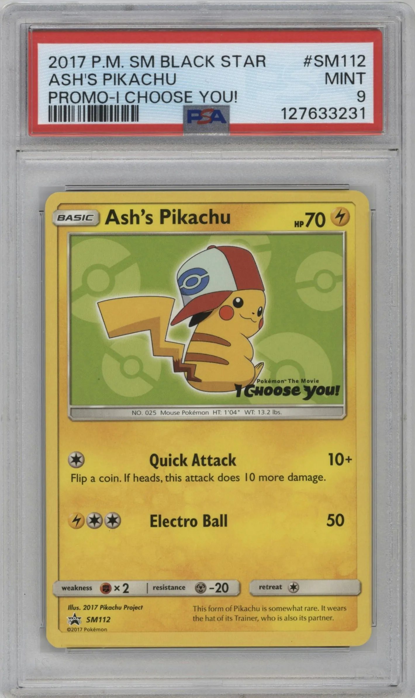 2017 Pokemon S&M Ash's Pikachu I Choose You! #SM112 PSA 9