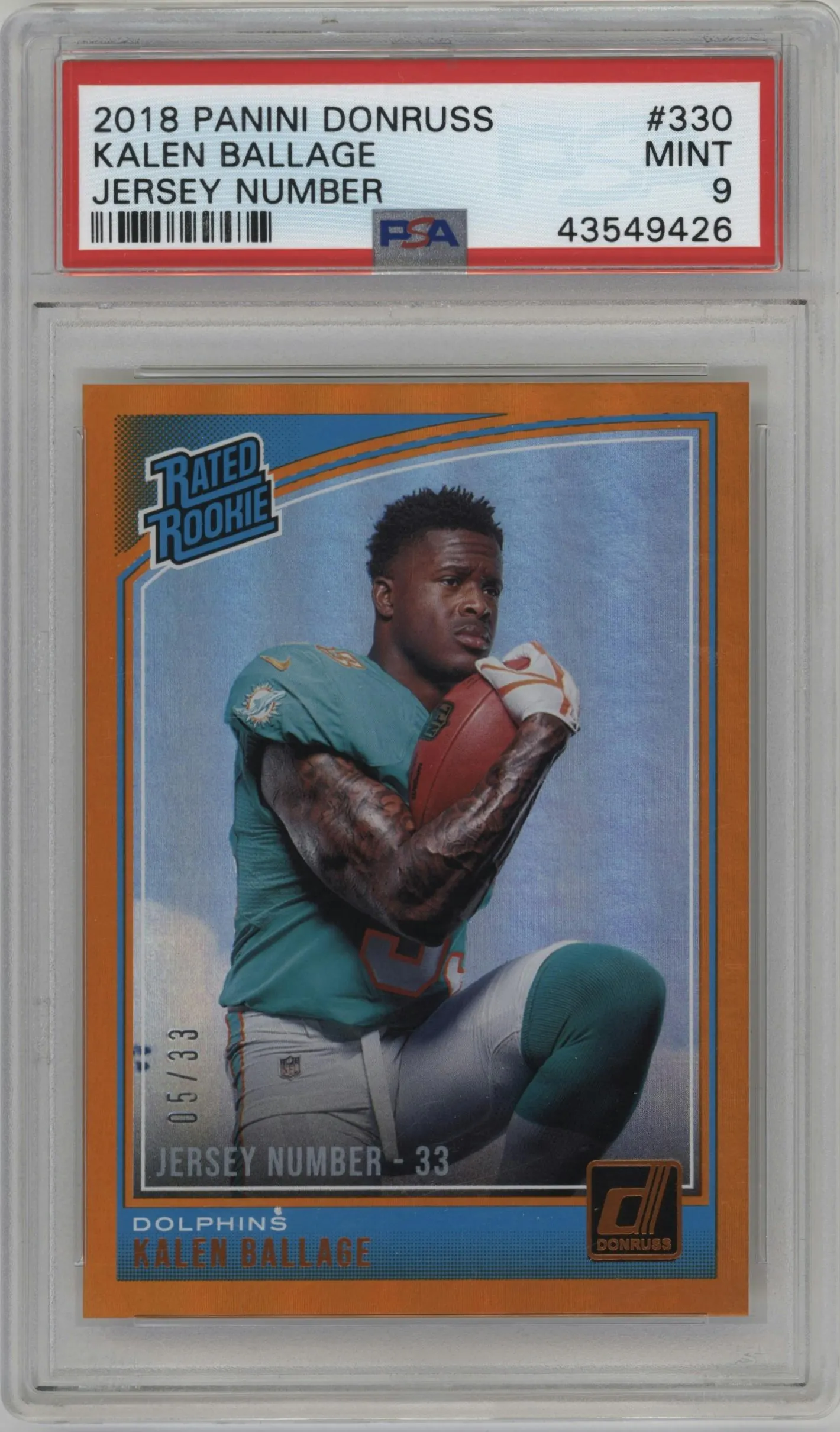 2018 Panini Donruss Rated Rookie Kalen Ballage Jersey Number #330 PSA 9