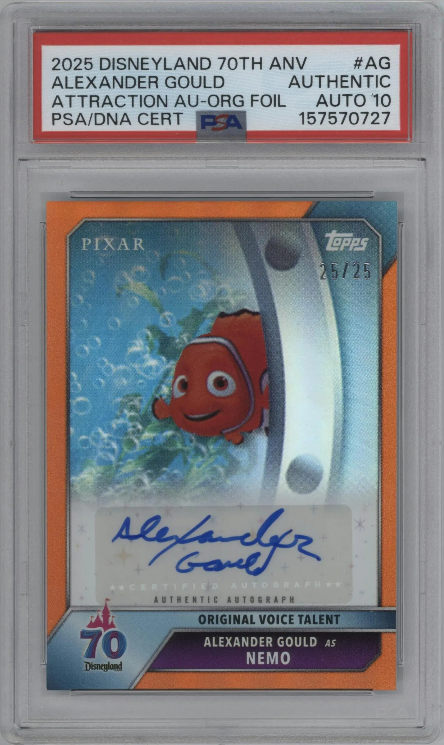 2025 Topps Disneyland 70th Anniversary Attraction Auto Alexander Gould Orange Foil PSA AUTHENTIC #AA-AG PSA
