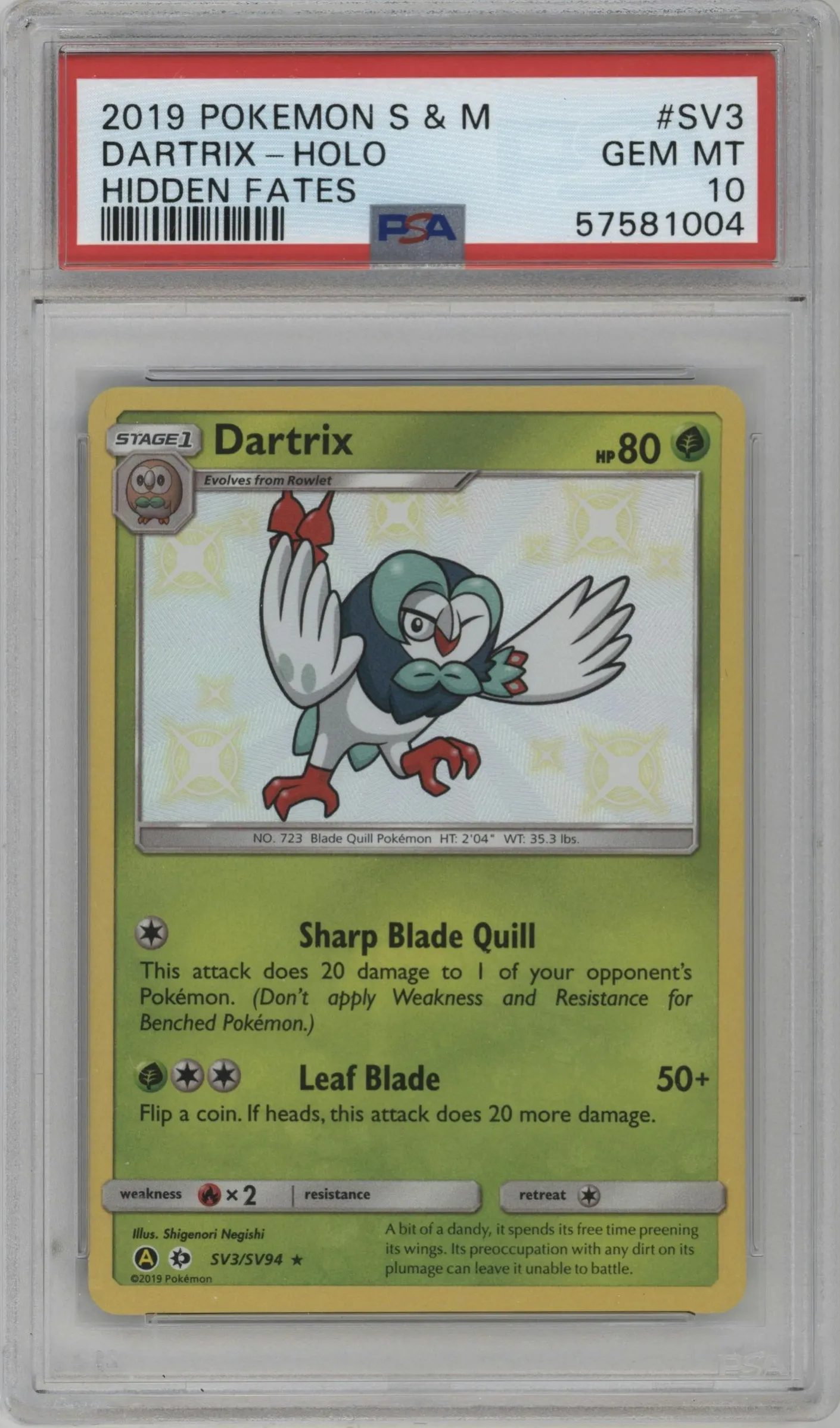 2019 Pokemon S&M Hidden Fates Dartrix #SV3 PSA 10