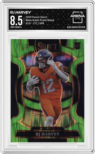 2025 Panini Select RJ Harvey Neon Green Prizm Shock #10 ARENA CLUB 8.5