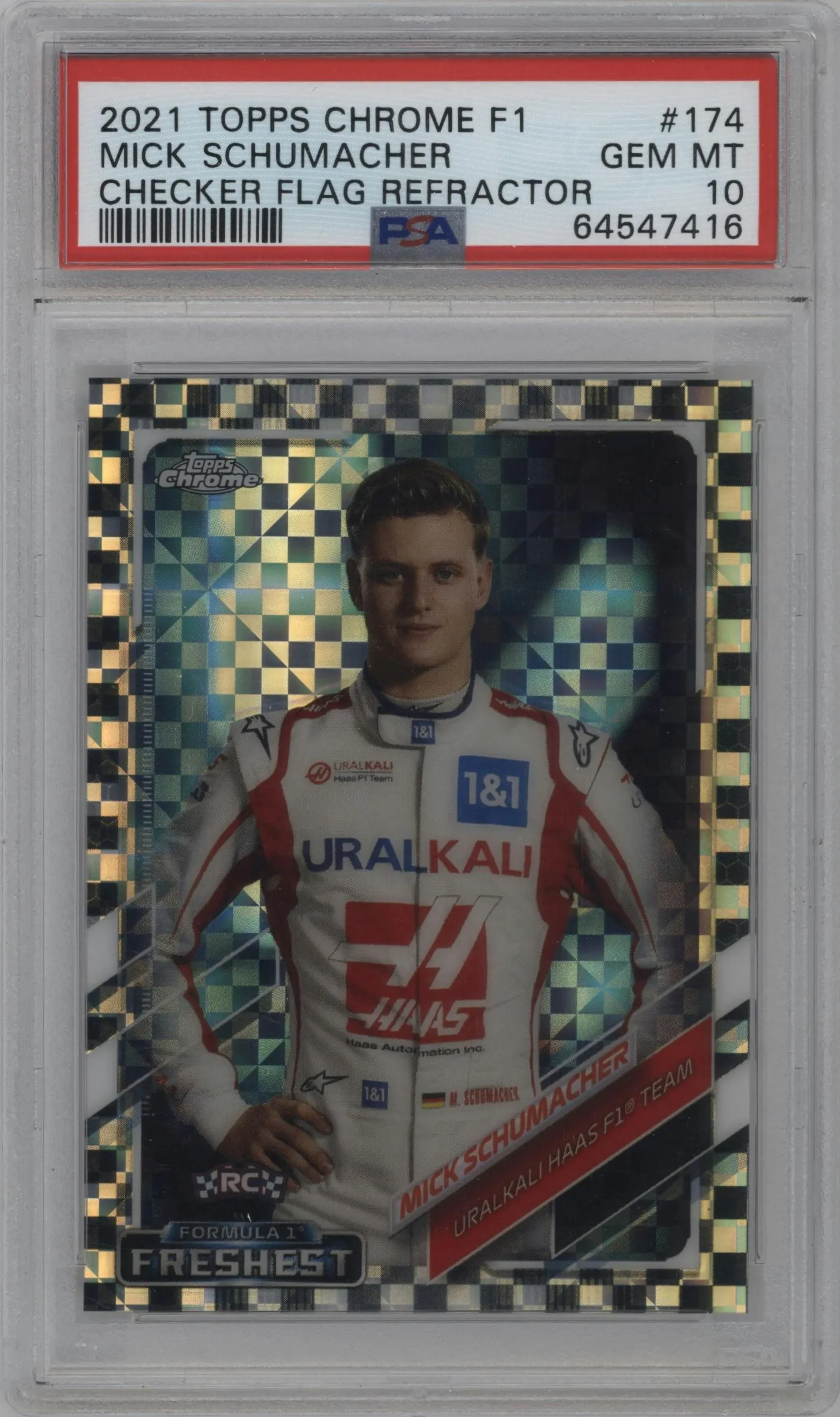 2021 Topps Chrome F1 Mick Schumacher Checker Flag Refractor #174 PSA 10