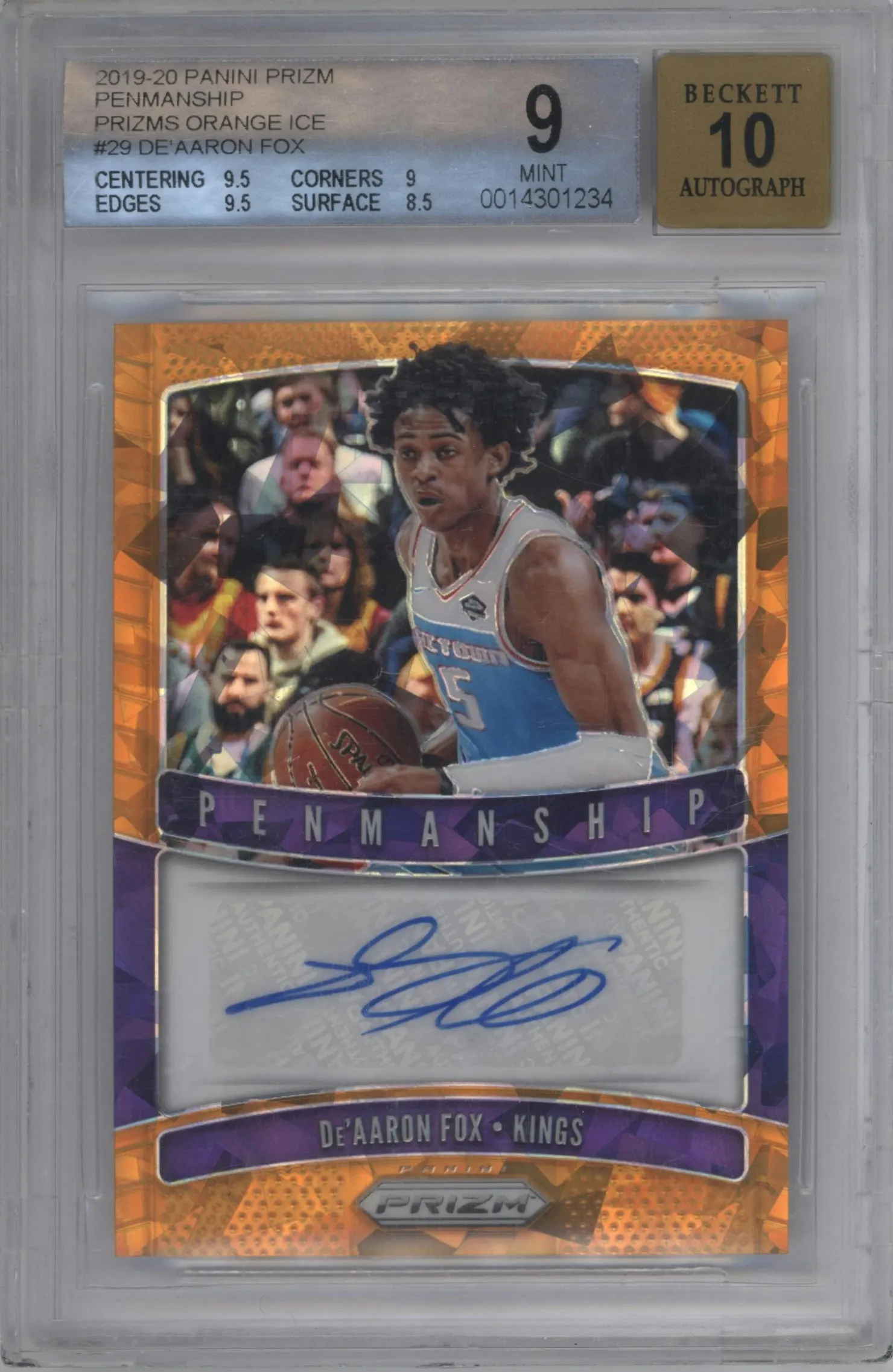 2019 Panini Prizm Penmanship De'Aaron Fox Orange Ice Prizm #PM-DAF BGS 9