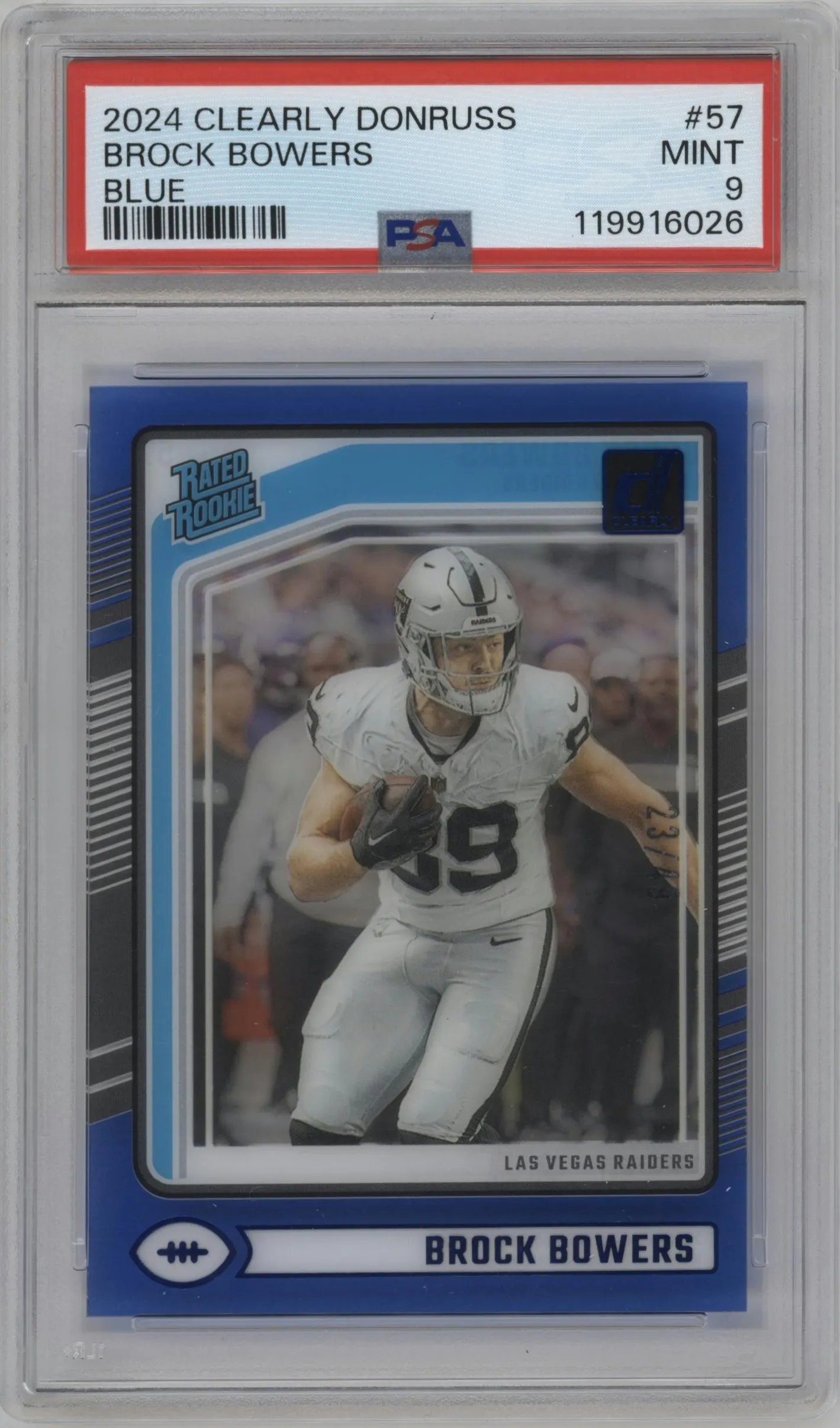 2024 Panini Clearly Donruss Rated Rookie Brock Bowers Blue #57 PSA 9