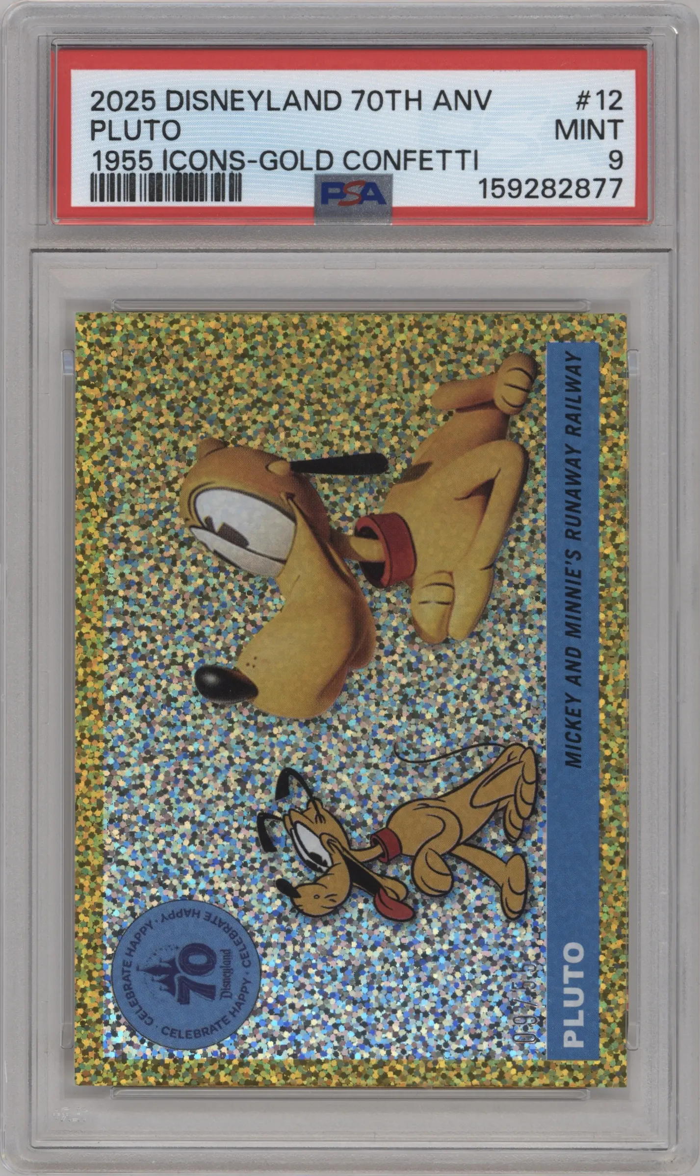 2025 Topps Disneyland 70th Anniversary 95'Disneyland Icons Pluto Gold Confetti #T55-12 PSA 9