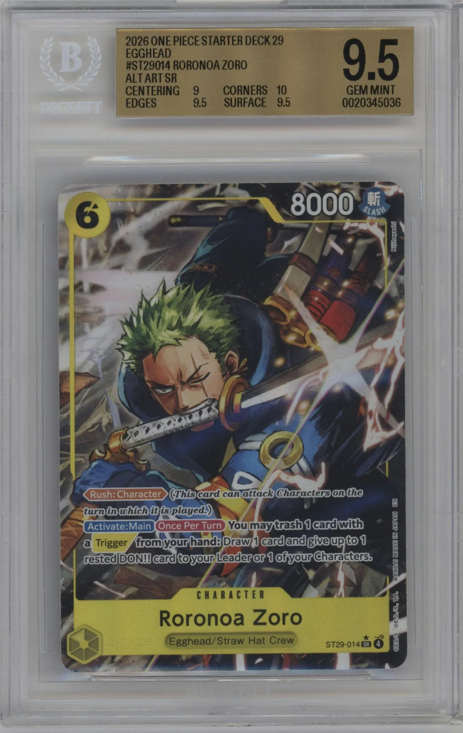 2026 One Piece Egghead Starter Deck Roronoa Zoro Alternate Art SR #ST29-014 SR BGS 9.5