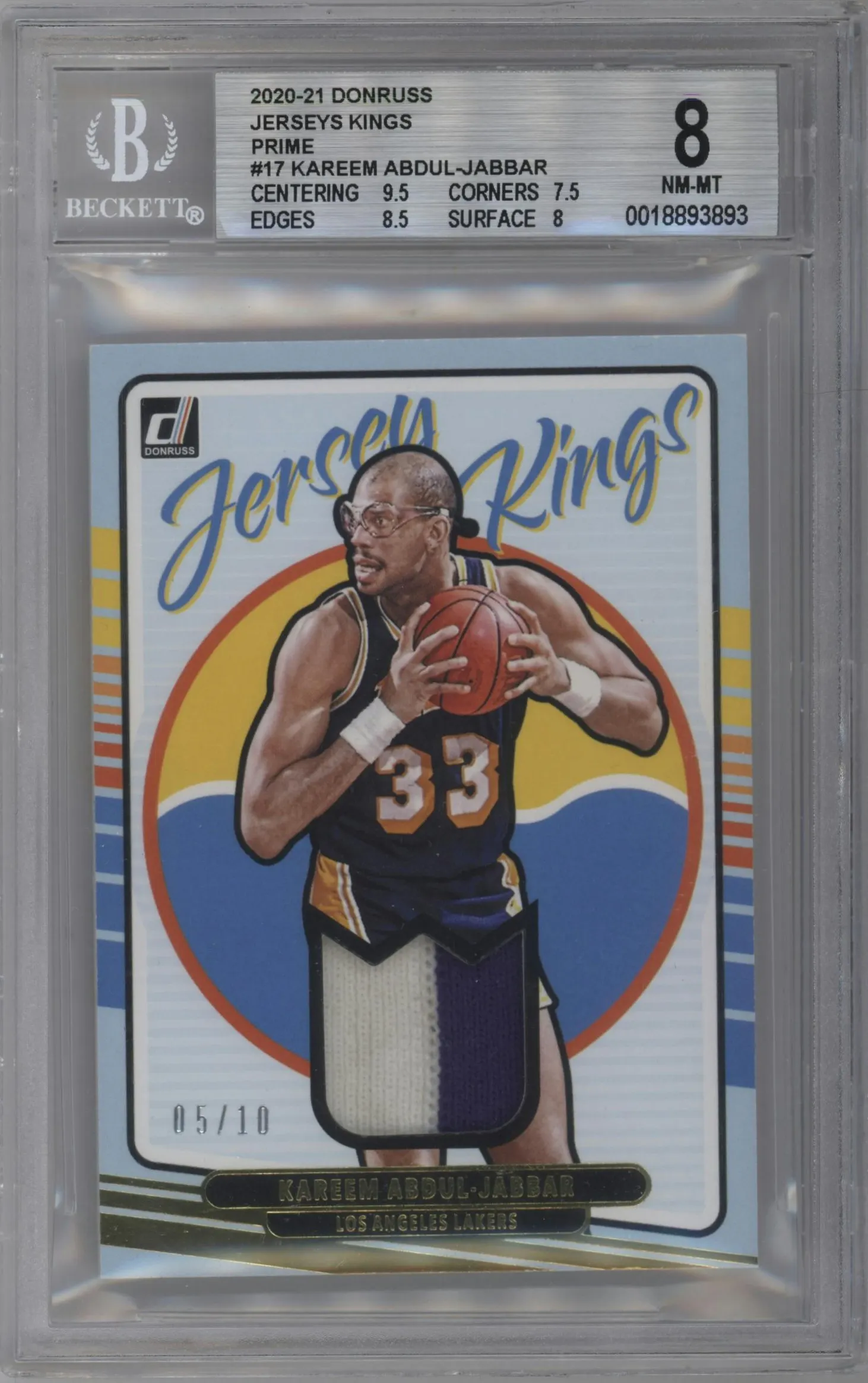 2020 Panini Donruss Jersey Kings Kareem Abdul-Jabbar Prime #JK-KAJ BGS 8