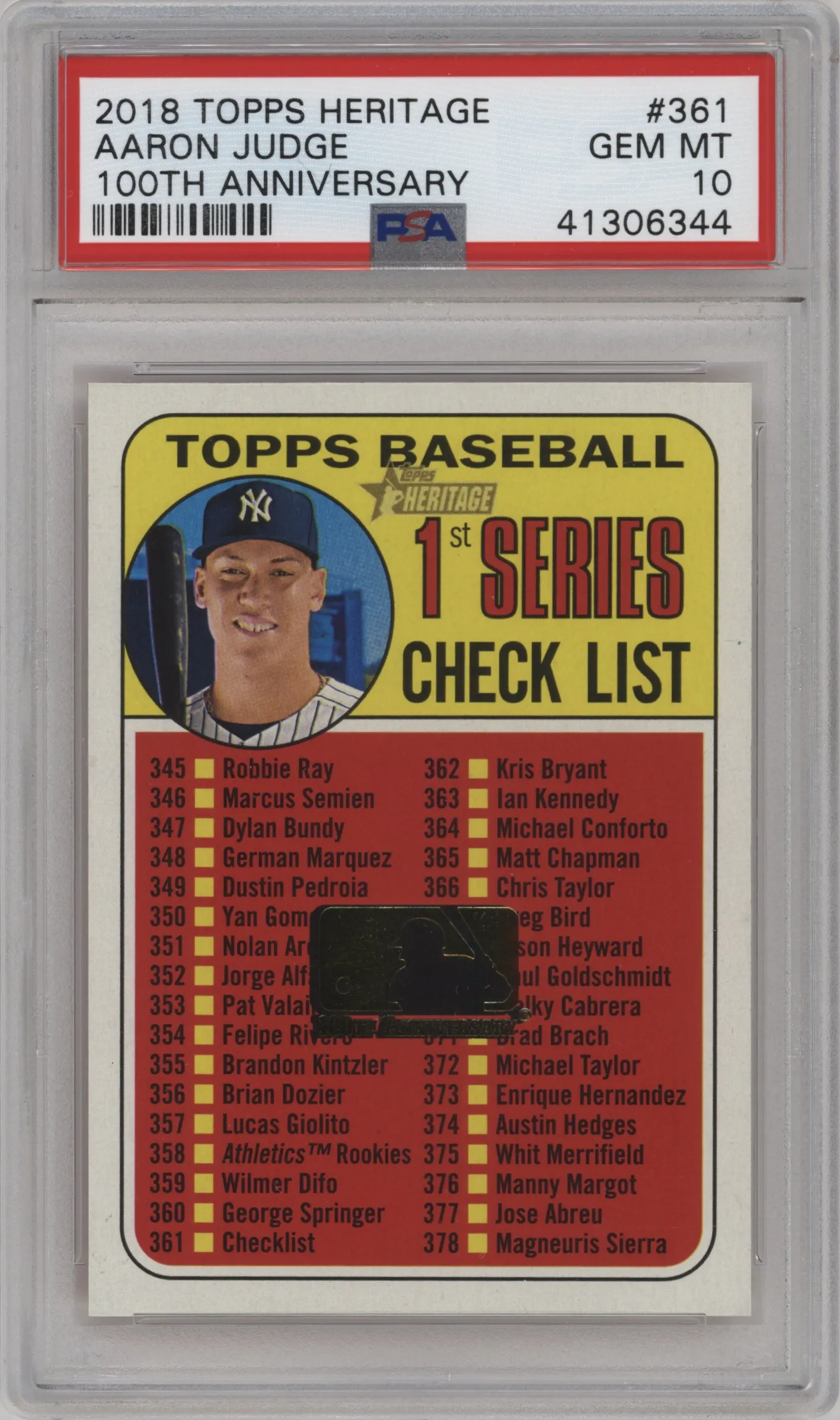 2018 Topps Heritage Aaron Judge 100th Anniversary #361 PSA 10