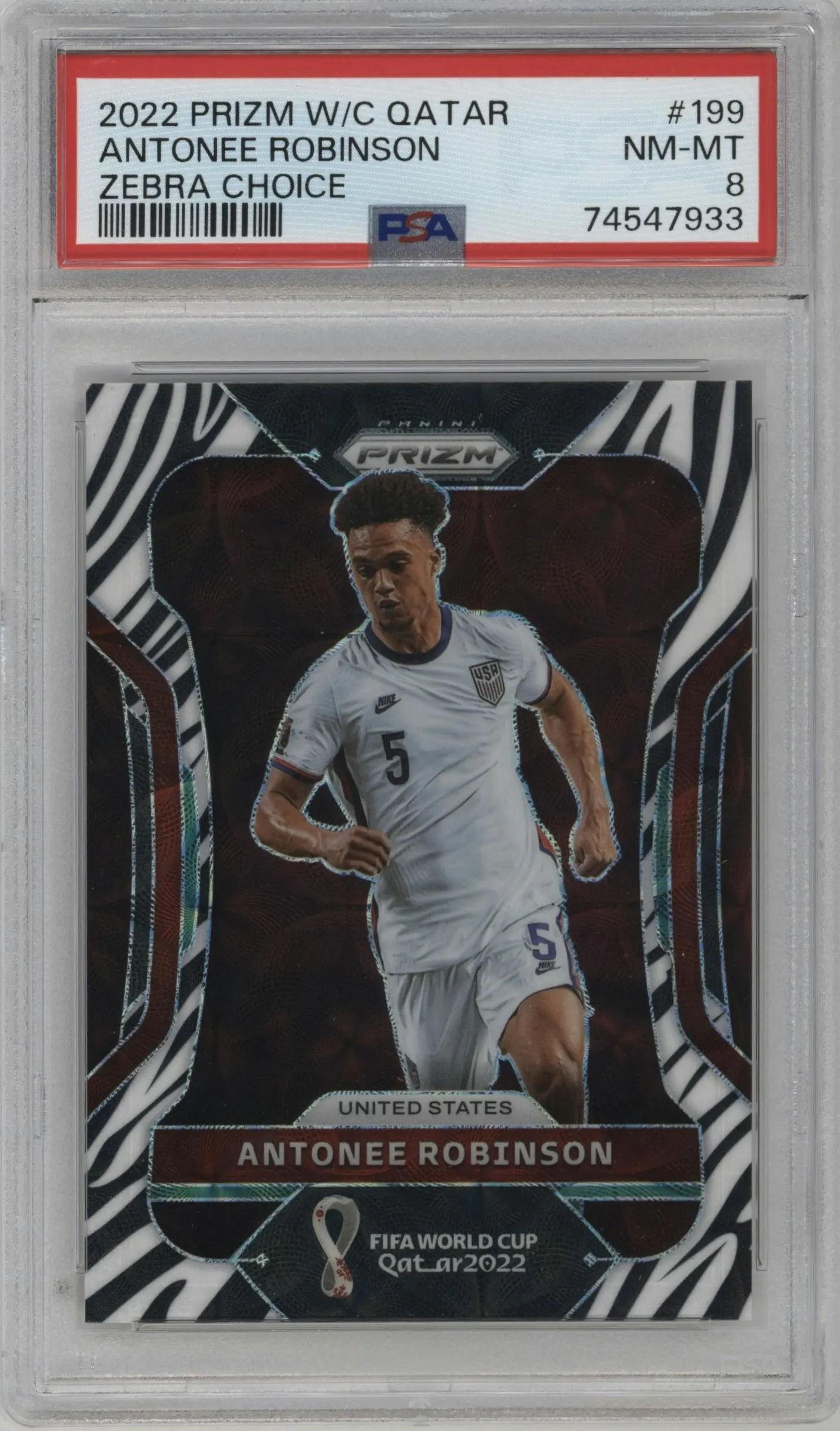 2022 Panini Prizm FIFA WC Qatar Antonee Robinson Choice Zebra #199 PSA 8