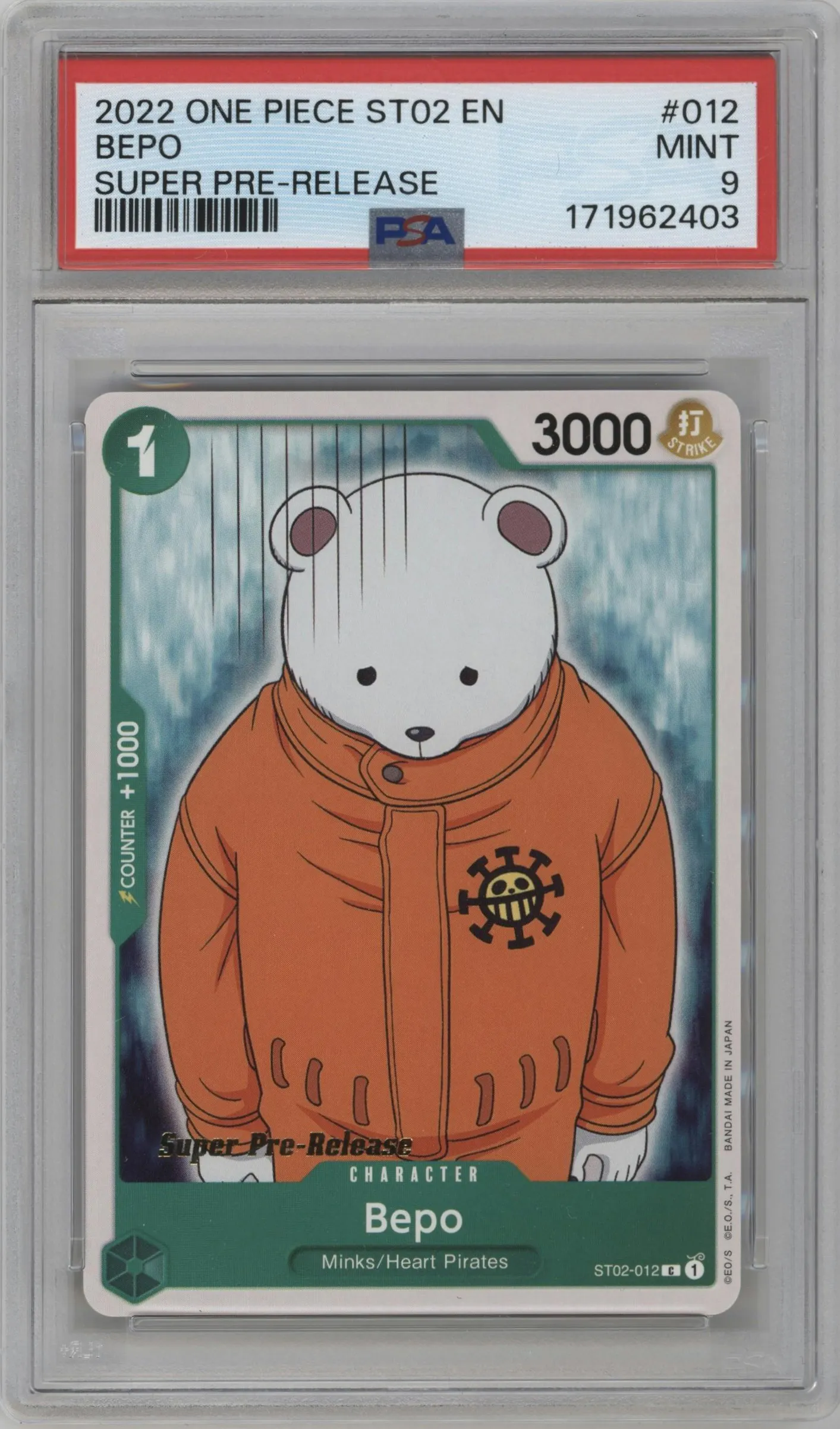2022 One Piece Worst Generation Bepo Super Pre-Release C #ST02-012 C PSA 9