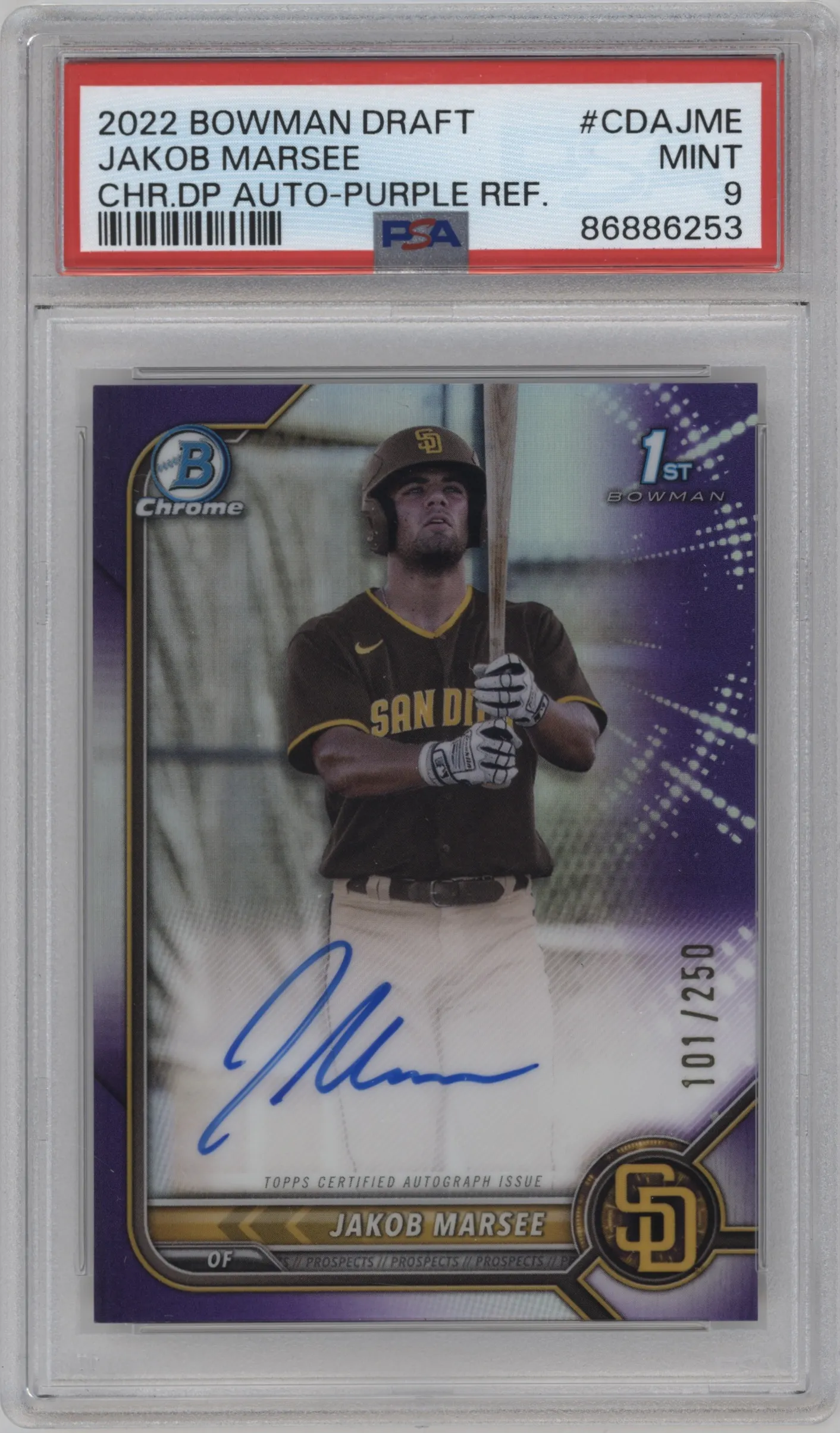 2022 Bowman Draft Chr.DP Auto Jakob Marsee Purple Refractor #CDA-JME PSA 9